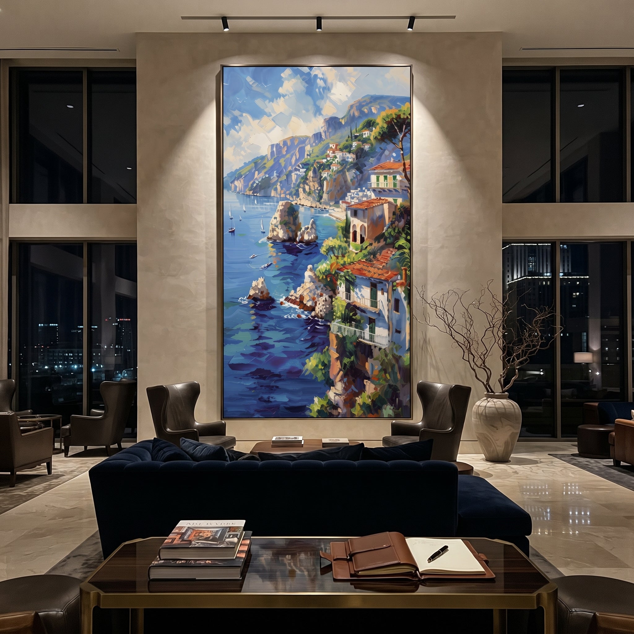 "Cliffside Sea Village Study Painting" focuses on atmosphere, surface movement, and sculptural heavy impasto craftsmanship rather than a fixed literal storyline. The composition uses this hand-painted Mediterranean canvas features steep coastal cliffs, hillside village, deep blue water, floral foreground, textured sky, built with raised palette-knife texture, layered brushwork, and luminous coastal color as the visual anchor, while layered palette-knife paint, raised plaster-like texture, and