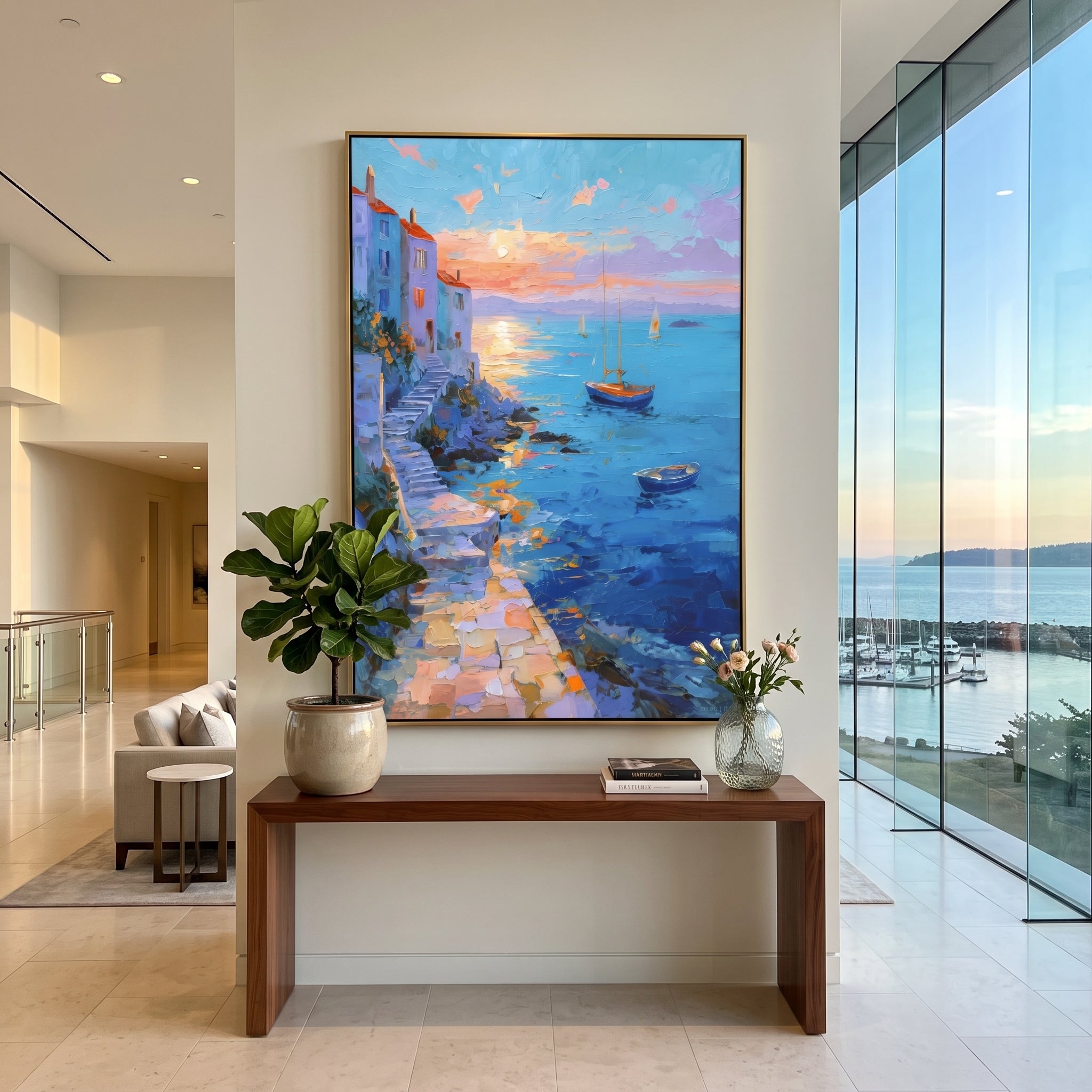 "Seaside Terrace Sailboats Study Painting" focuses on atmosphere, surface movement, and sculptural heavy impasto craftsmanship rather than a fixed literal storyline. The composition uses this hand-painted Mediterranean canvas features sailboats on a blue bay, flowering terrace, coastal town and luminous summer sky, built with raised palette-knife texture, layered brushwork, and luminous coastal color as the visual anchor, while layered palette-knife paint, raised plaster-like texture, and