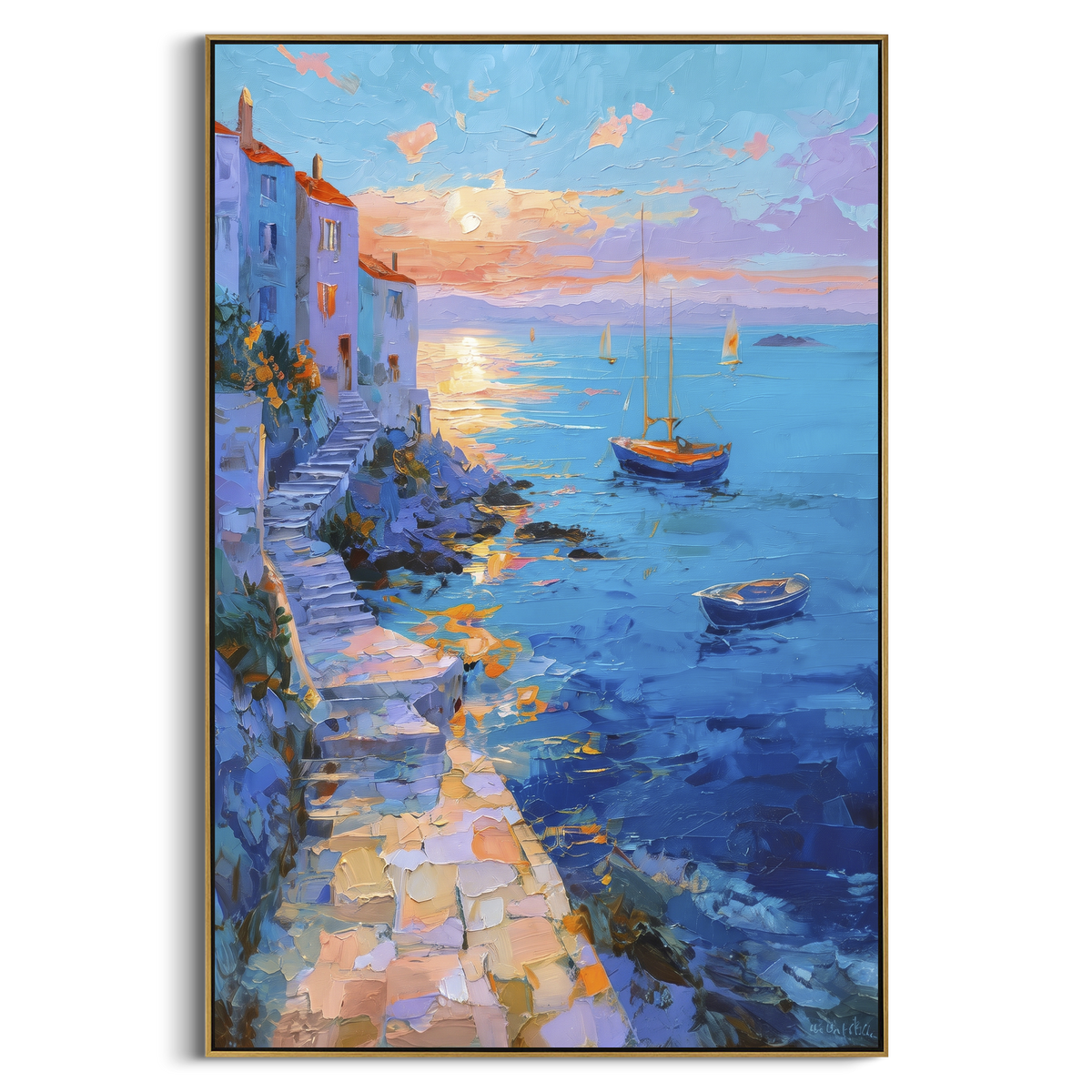 "Seaside Terrace Sailboats Study Painting" focuses on atmosphere, surface movement, and sculptural heavy impasto craftsmanship rather than a fixed literal storyline. The composition uses this hand-painted Mediterranean canvas features sailboats on a blue bay, flowering terrace, coastal town and luminous summer sky, built with raised palette-knife texture, layered brushwork, and luminous coastal color as the visual anchor, while layered palette-knife paint, raised plaster-like texture, and