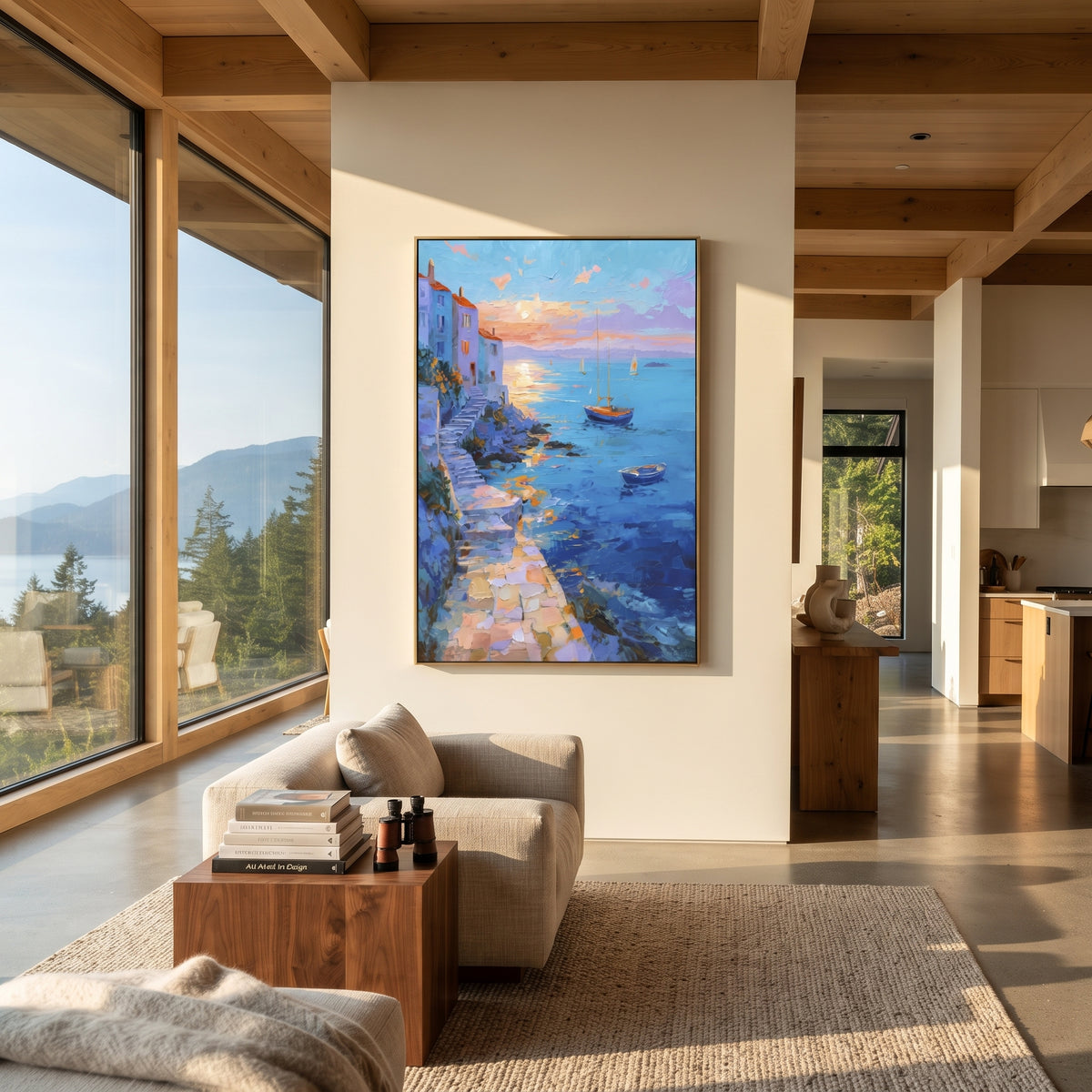 "Seaside Terrace Sailboats Study Painting" focuses on atmosphere, surface movement, and sculptural heavy impasto craftsmanship rather than a fixed literal storyline. The composition uses this hand-painted Mediterranean canvas features sailboats on a blue bay, flowering terrace, coastal town and luminous summer sky, built with raised palette-knife texture, layered brushwork, and luminous coastal color as the visual anchor, while layered palette-knife paint, raised plaster-like texture, and