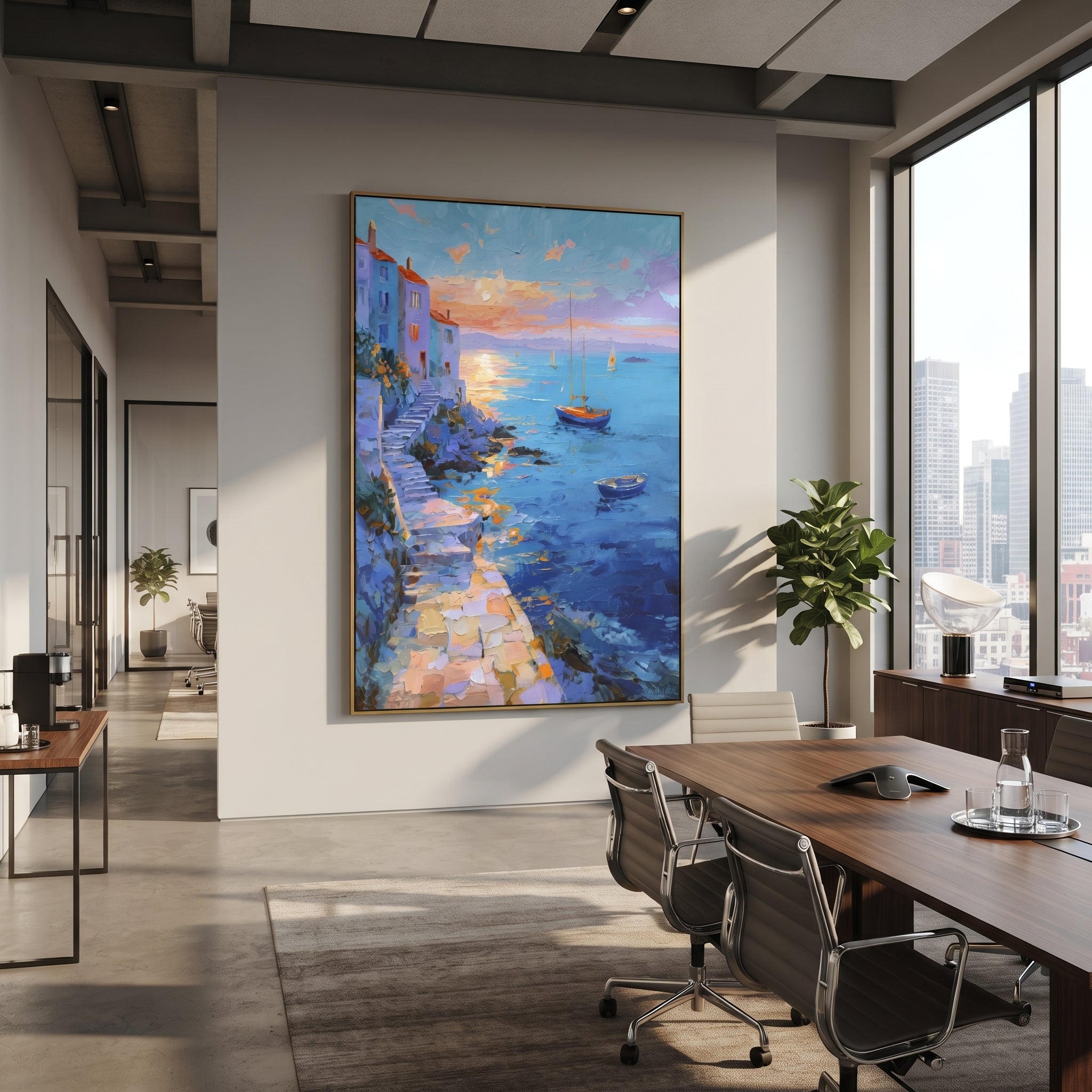 "Seaside Terrace Sailboats Study Painting" focuses on atmosphere, surface movement, and sculptural heavy impasto craftsmanship rather than a fixed literal storyline. The composition uses this hand-painted Mediterranean canvas features sailboats on a blue bay, flowering terrace, coastal town and luminous summer sky, built with raised palette-knife texture, layered brushwork, and luminous coastal color as the visual anchor, while layered palette-knife paint, raised plaster-like texture, and