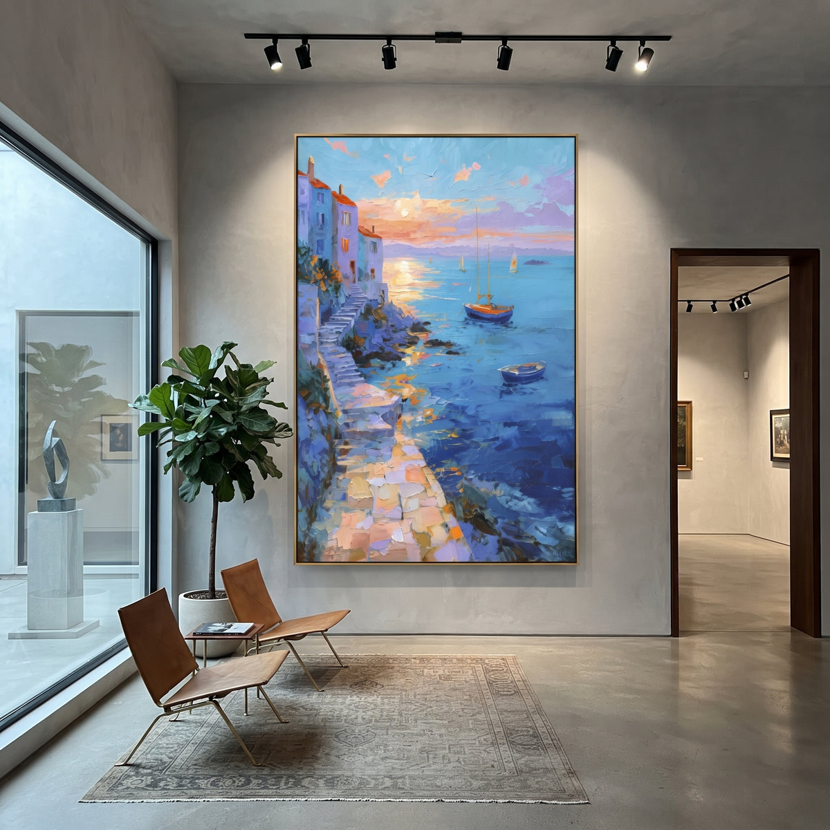 "Seaside Terrace Sailboats Study Painting" focuses on atmosphere, surface movement, and sculptural heavy impasto craftsmanship rather than a fixed literal storyline. The composition uses this hand-painted Mediterranean canvas features sailboats on a blue bay, flowering terrace, coastal town and luminous summer sky, built with raised palette-knife texture, layered brushwork, and luminous coastal color as the visual anchor, while layered palette-knife paint, raised plaster-like texture, and