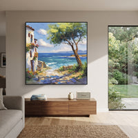 "Cypress and Blue Sea Painting" focuses on atmosphere, surface movement, and sculptural heavy impasto craftsmanship rather than a fixed literal storyline. The composition uses this hand-painted Mediterranean canvas features olive or cypress trees framing a stone path, blue sea beyond, garden color and sun, built with raised palette-knife texture, layered brushwork, and luminous coastal color as the visual anchor, while layered palette-knife paint, raised plaster-like texture, and softened brush