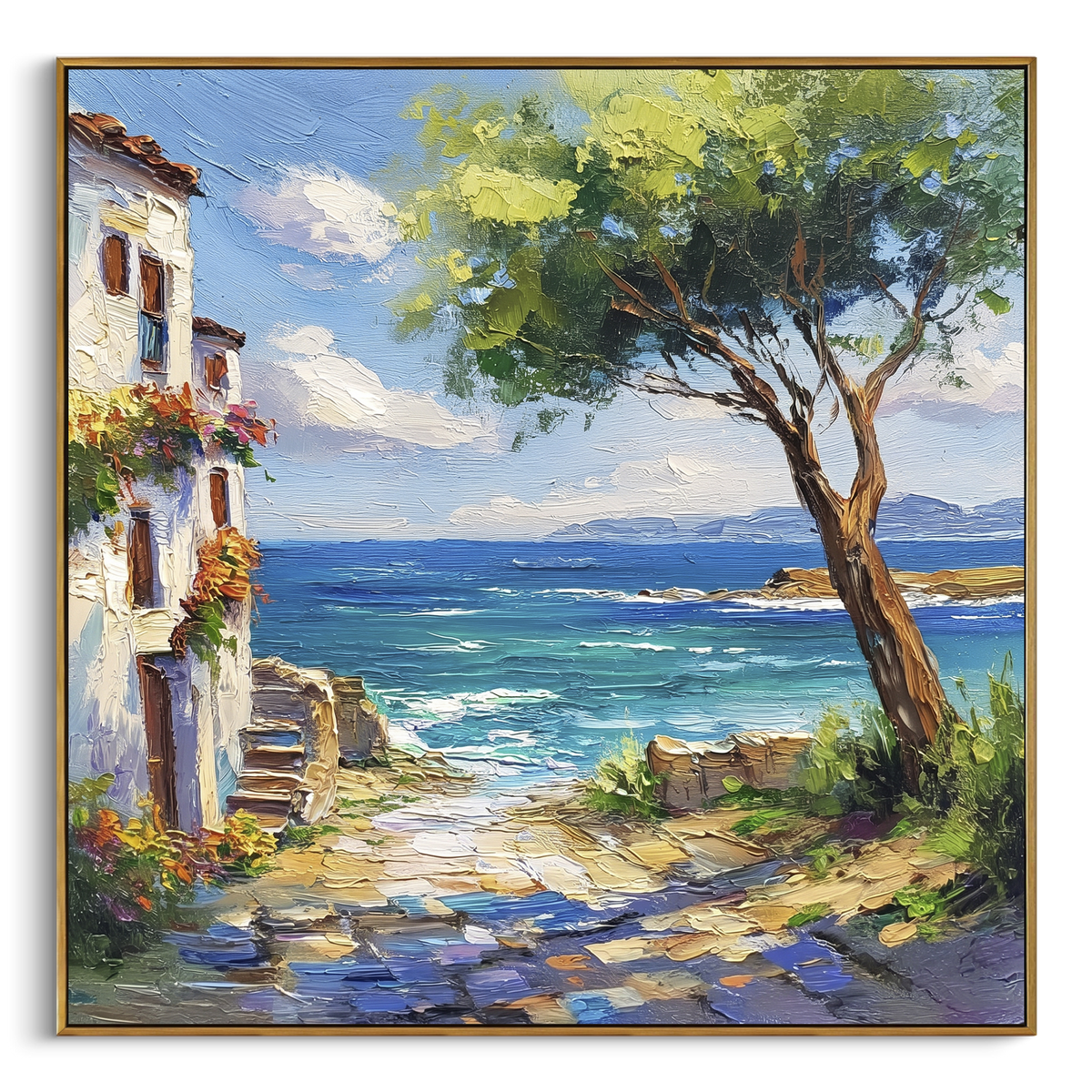 "Cypress and Blue Sea Painting" - Modern Heavy Impasto Coastal Landscape | Green & Blue Palette Knife Painting | Luxury Square Wall Art #PT 1630