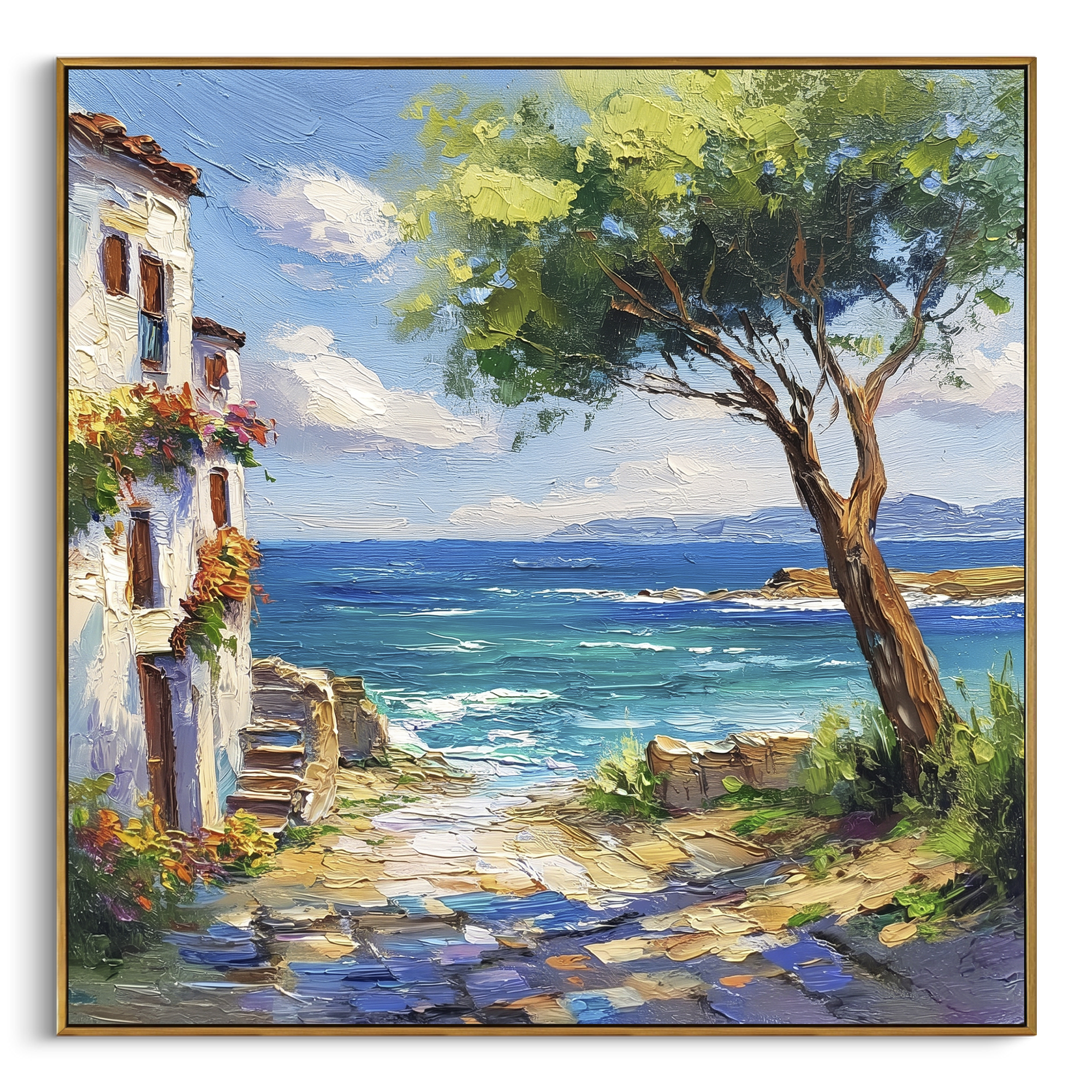 "Cypress and Blue Sea Painting" focuses on atmosphere, surface movement, and sculptural heavy impasto craftsmanship rather than a fixed literal storyline. The composition uses this hand-painted Mediterranean canvas features olive or cypress trees framing a stone path, blue sea beyond, garden color and sun, built with raised palette-knife texture, layered brushwork, and luminous coastal color as the visual anchor, while layered palette-knife paint, raised plaster-like texture, and softened brush