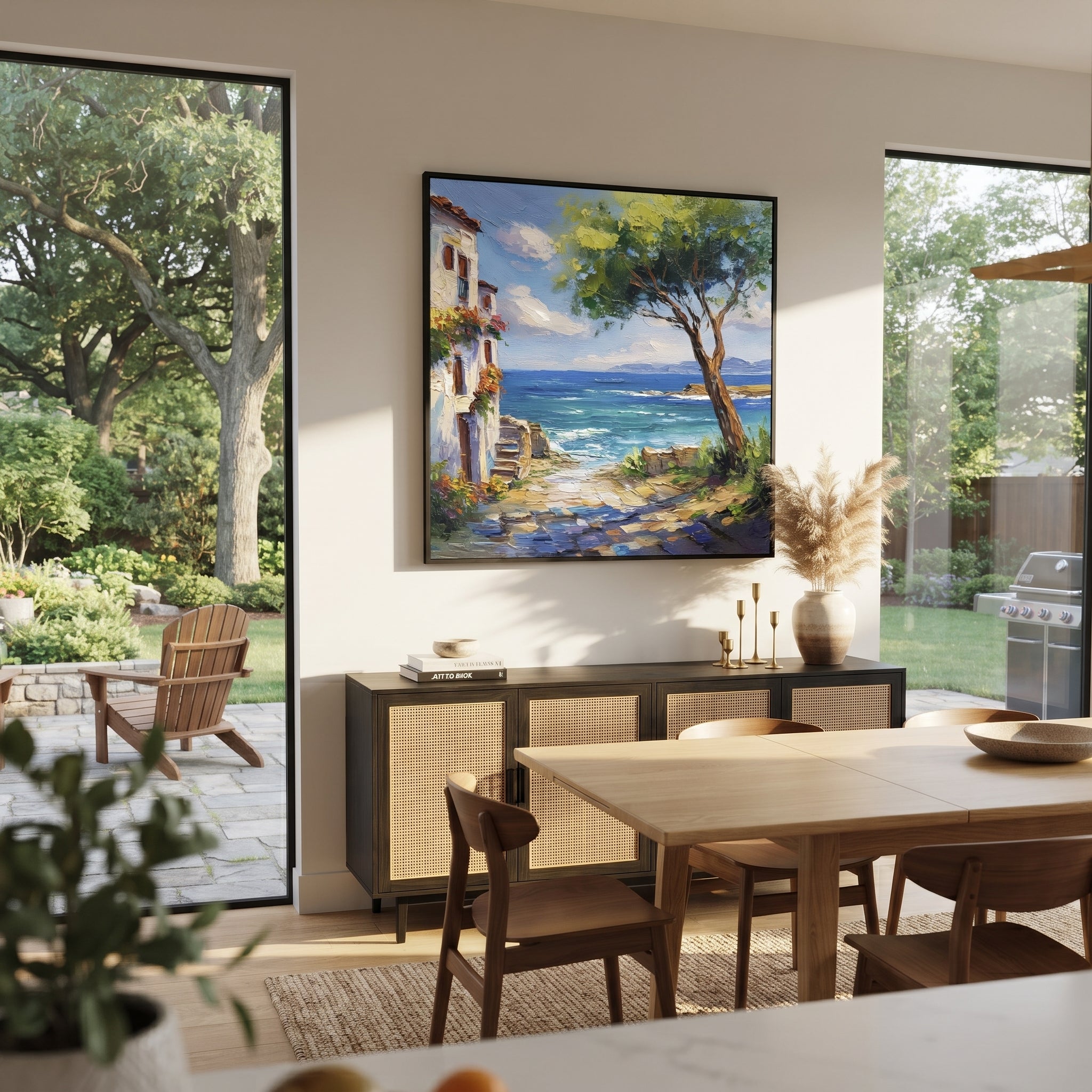 "Cypress and Blue Sea Painting" focuses on atmosphere, surface movement, and sculptural heavy impasto craftsmanship rather than a fixed literal storyline. The composition uses this hand-painted Mediterranean canvas features olive or cypress trees framing a stone path, blue sea beyond, garden color and sun, built with raised palette-knife texture, layered brushwork, and luminous coastal color as the visual anchor, while layered palette-knife paint, raised plaster-like texture, and softened brush