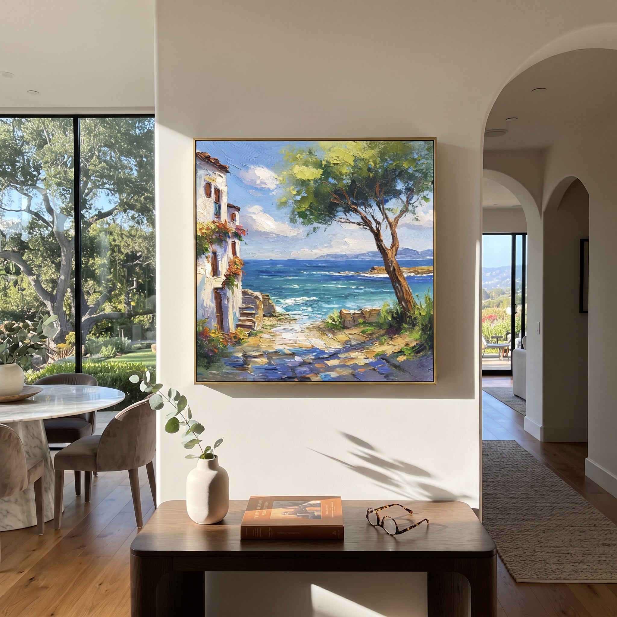 "Cypress and Blue Sea Painting" focuses on atmosphere, surface movement, and sculptural heavy impasto craftsmanship rather than a fixed literal storyline. The composition uses this hand-painted Mediterranean canvas features olive or cypress trees framing a stone path, blue sea beyond, garden color and sun, built with raised palette-knife texture, layered brushwork, and luminous coastal color as the visual anchor, while layered palette-knife paint, raised plaster-like texture, and softened brush