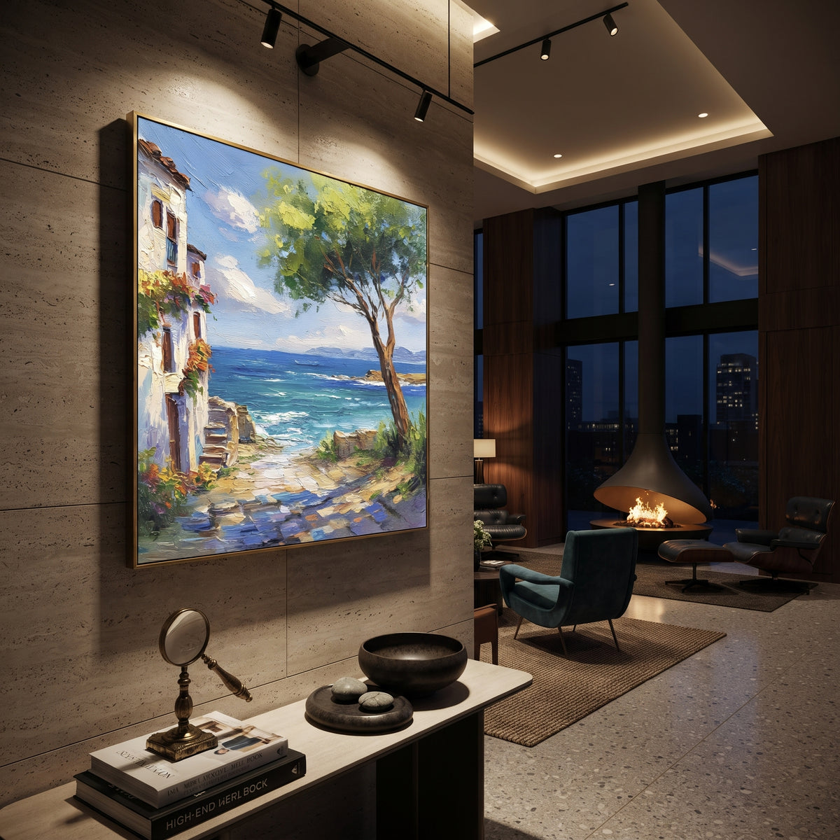 "Cypress and Blue Sea Painting" focuses on atmosphere, surface movement, and sculptural heavy impasto craftsmanship rather than a fixed literal storyline. The composition uses this hand-painted Mediterranean canvas features olive or cypress trees framing a stone path, blue sea beyond, garden color and sun, built with raised palette-knife texture, layered brushwork, and luminous coastal color as the visual anchor, while layered palette-knife paint, raised plaster-like texture, and softened brush