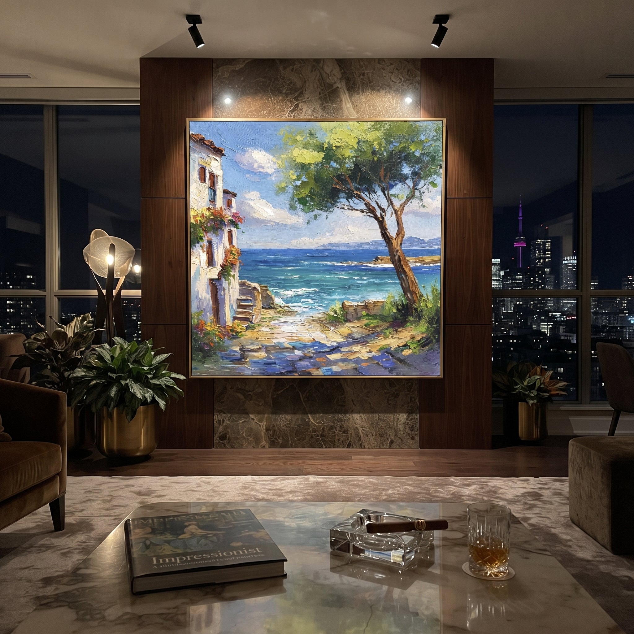 "Cypress and Blue Sea Painting" focuses on atmosphere, surface movement, and sculptural heavy impasto craftsmanship rather than a fixed literal storyline. The composition uses this hand-painted Mediterranean canvas features olive or cypress trees framing a stone path, blue sea beyond, garden color and sun, built with raised palette-knife texture, layered brushwork, and luminous coastal color as the visual anchor, while layered palette-knife paint, raised plaster-like texture, and softened brush