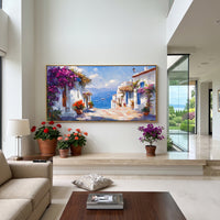 "Coastal Village Boats Study Painting" focuses on atmosphere, surface movement, and sculptural heavy impasto craftsmanship rather than a fixed literal storyline. The composition uses this hand-painted Mediterranean canvas features colorful waterfront houses, moored boats, shimmering blue harbor reflections, pastel sky, built with raised palette-knife texture, layered brushwork, and luminous coastal color as the visual anchor, while layered palette-knife paint, raised plaster-like texture, and