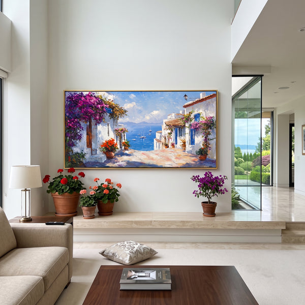 "Coastal Village Boats Study Painting" - Modern Heavy Impasto Coastal Landscape | Blue & Orange Palette Knife Painting | Luxury Horizontal Wall Art #PT 1631