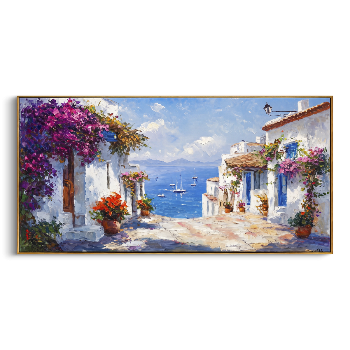 "Coastal Village Boats Study Painting" - Modern Heavy Impasto Coastal Landscape | Blue & Orange Palette Knife Painting | Luxury Horizontal Wall Art #PT 1631