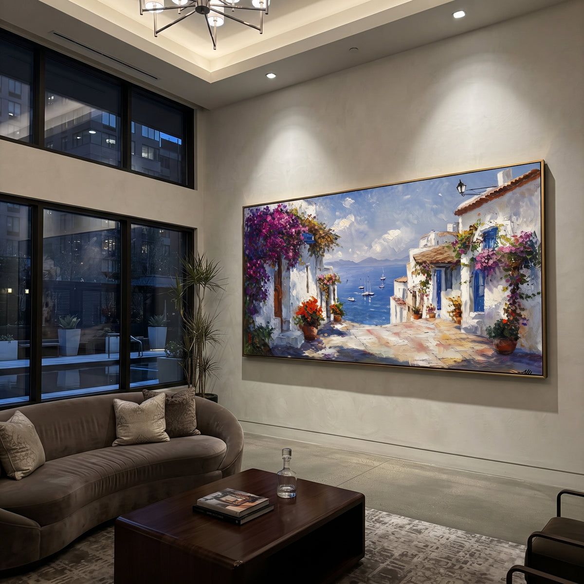 "Coastal Village Boats Study Painting" focuses on atmosphere, surface movement, and sculptural heavy impasto craftsmanship rather than a fixed literal storyline. The composition uses this hand-painted Mediterranean canvas features colorful waterfront houses, moored boats, shimmering blue harbor reflections, pastel sky, built with raised palette-knife texture, layered brushwork, and luminous coastal color as the visual anchor, while layered palette-knife paint, raised plaster-like texture, and