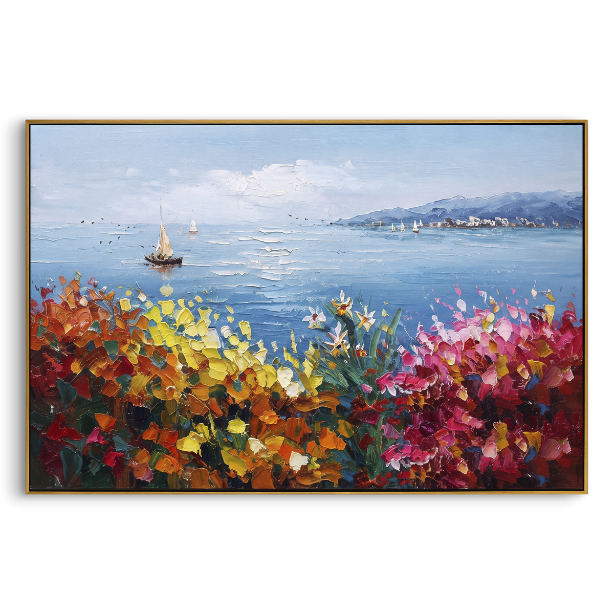 "Sailing Coast Garden Coastal Painting" - Modern Heavy Impasto Coastal Landscape | Blue & Pink Palette Knife Painting | Luxury Horizontal Wall Art #PT 1632
