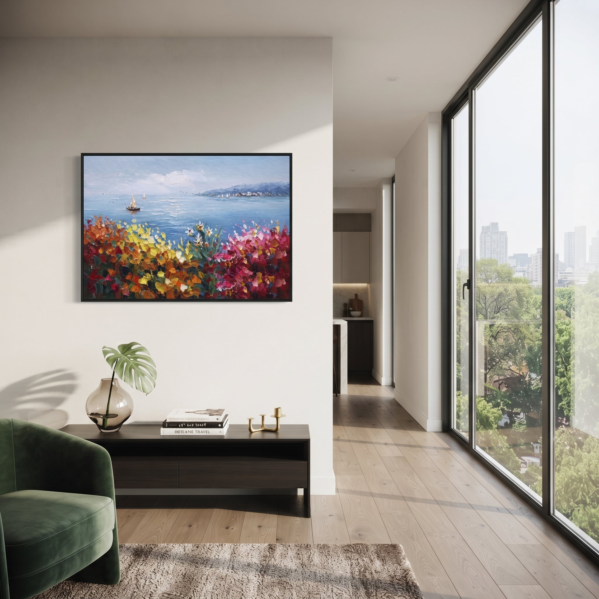 "Sailing Coast Garden Coastal Painting" focuses on atmosphere, surface movement, and sculptural heavy impasto craftsmanship rather than a fixed literal storyline. The composition uses this hand-painted Mediterranean canvas features sailboats on a blue bay, flowering terrace, coastal town and luminous summer sky, built with raised palette-knife texture, layered brushwork, and luminous coastal color as the visual anchor, while layered palette-knife paint, raised plaster-like texture, and softened