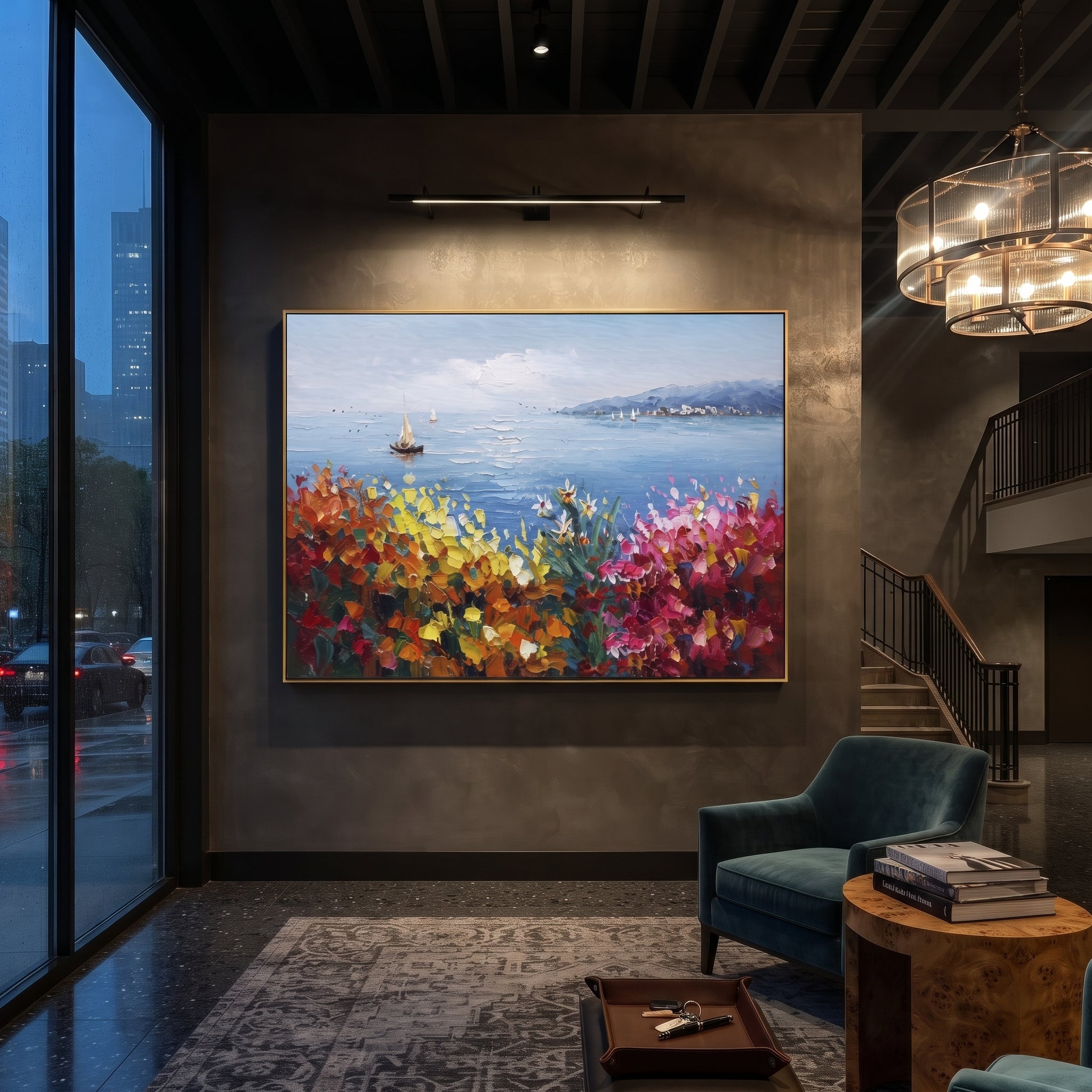 "Sailing Coast Garden Coastal Painting" focuses on atmosphere, surface movement, and sculptural heavy impasto craftsmanship rather than a fixed literal storyline. The composition uses this hand-painted Mediterranean canvas features sailboats on a blue bay, flowering terrace, coastal town and luminous summer sky, built with raised palette-knife texture, layered brushwork, and luminous coastal color as the visual anchor, while layered palette-knife paint, raised plaster-like texture, and softened