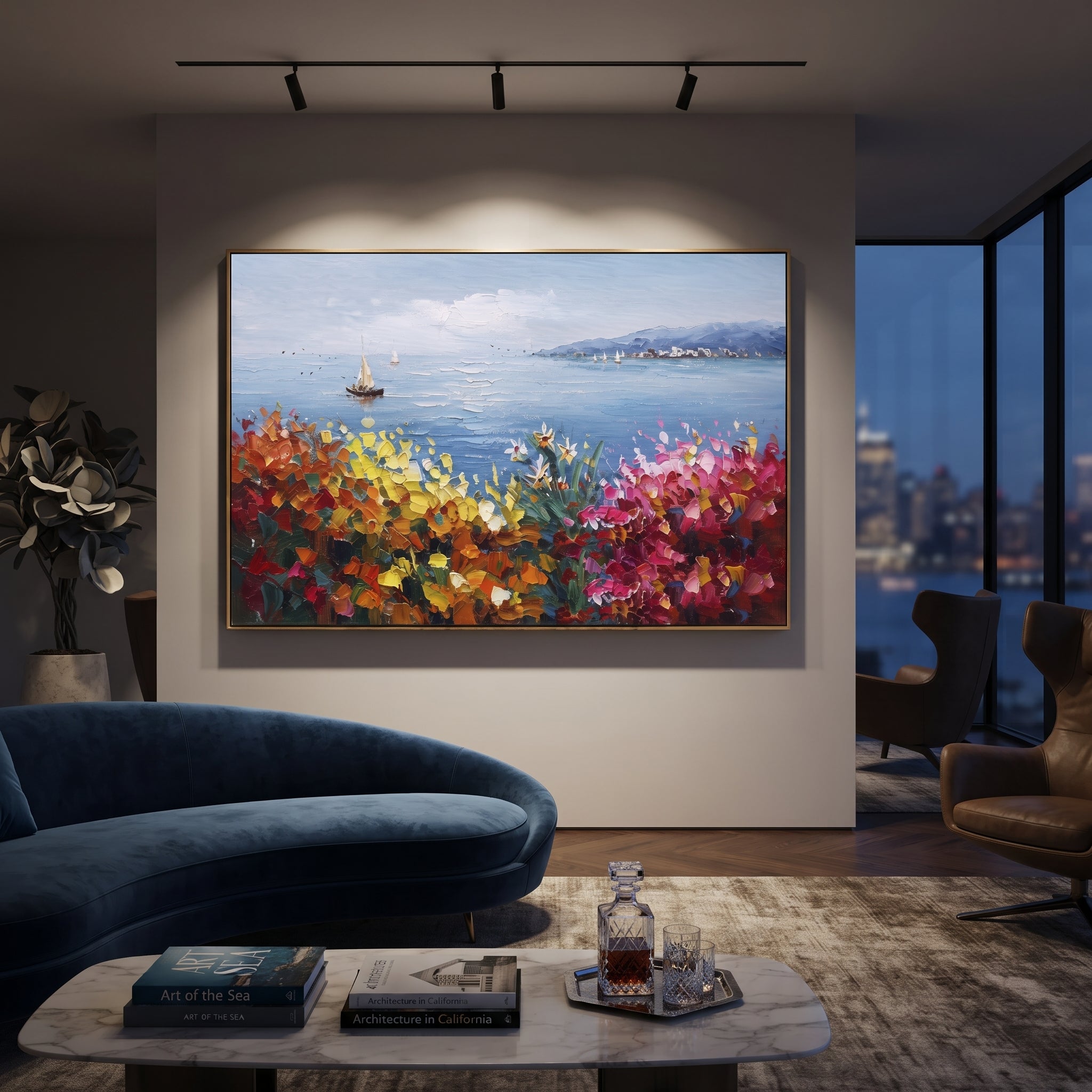 "Sailing Coast Garden Coastal Painting" focuses on atmosphere, surface movement, and sculptural heavy impasto craftsmanship rather than a fixed literal storyline. The composition uses this hand-painted Mediterranean canvas features sailboats on a blue bay, flowering terrace, coastal town and luminous summer sky, built with raised palette-knife texture, layered brushwork, and luminous coastal color as the visual anchor, while layered palette-knife paint, raised plaster-like texture, and softened