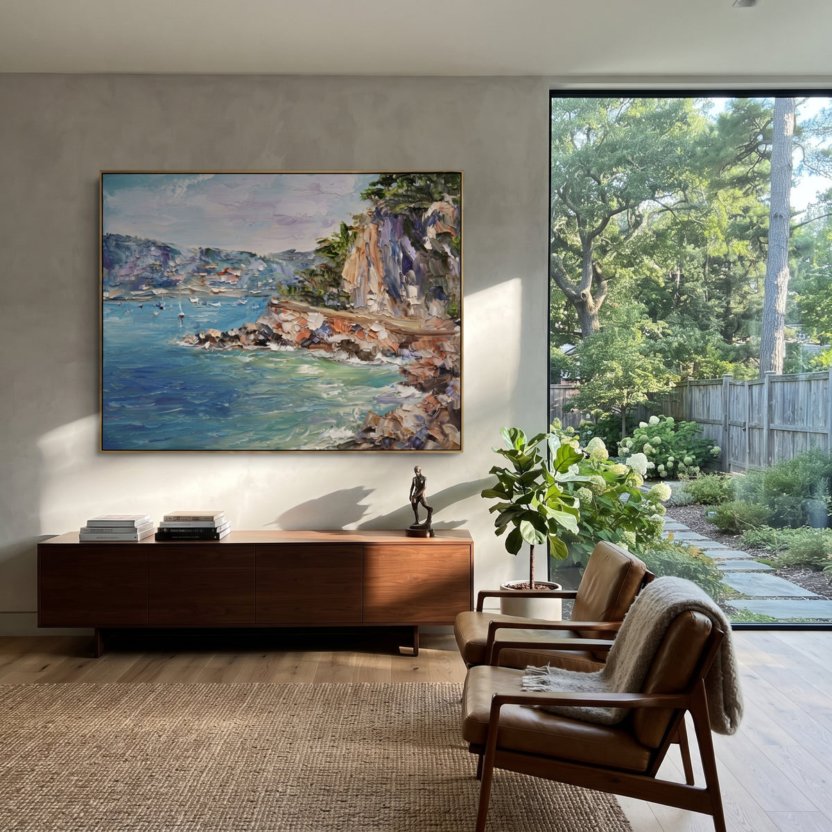 "Amalfi Cliff Coast Study Painting" focuses on atmosphere, surface movement, and sculptural heavy impasto craftsmanship rather than a fixed literal storyline. The composition uses this hand-painted Mediterranean canvas features steep coastal cliffs, hillside village, deep blue water, floral foreground, textured sky, built with raised palette-knife texture, layered brushwork, and luminous coastal color as the visual anchor, while layered palette-knife paint, raised plaster-like texture, and