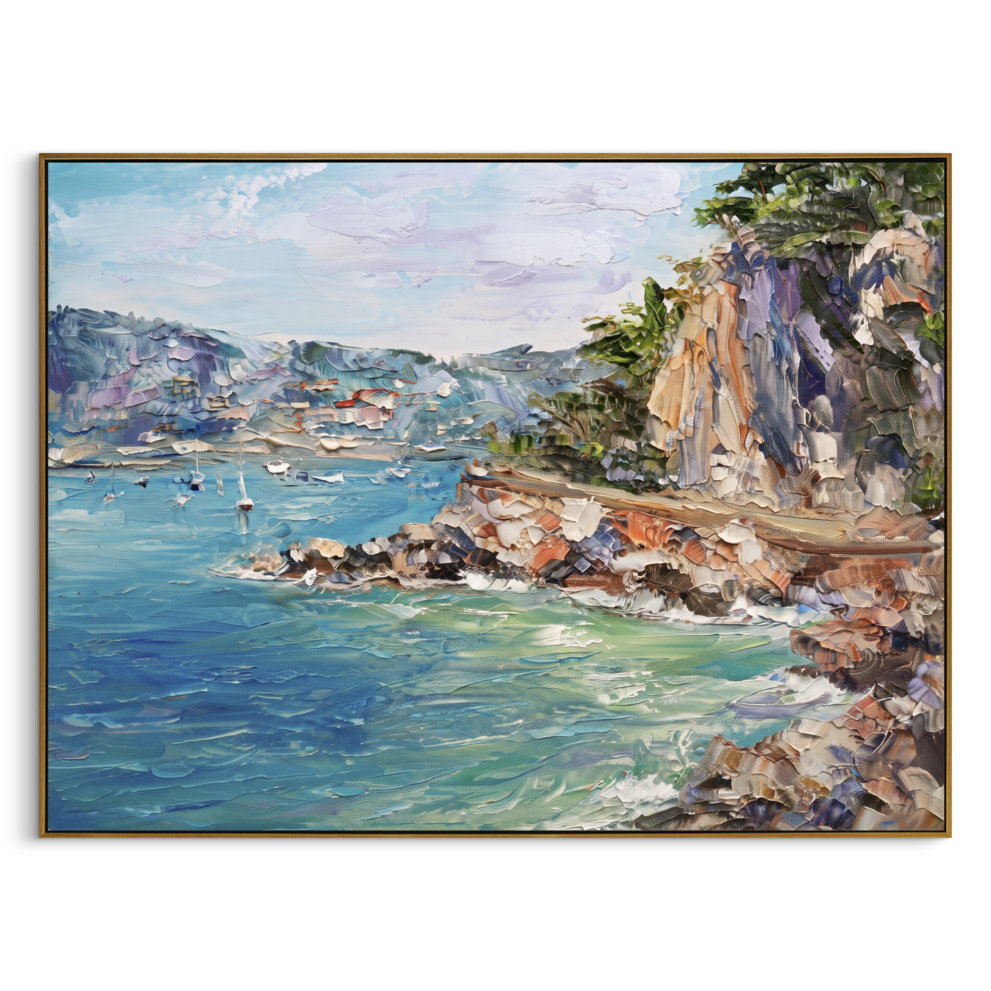 "Amalfi Cliff Coast Study Painting" focuses on atmosphere, surface movement, and sculptural heavy impasto craftsmanship rather than a fixed literal storyline. The composition uses this hand-painted Mediterranean canvas features steep coastal cliffs, hillside village, deep blue water, floral foreground, textured sky, built with raised palette-knife texture, layered brushwork, and luminous coastal color as the visual anchor, while layered palette-knife paint, raised plaster-like texture, and