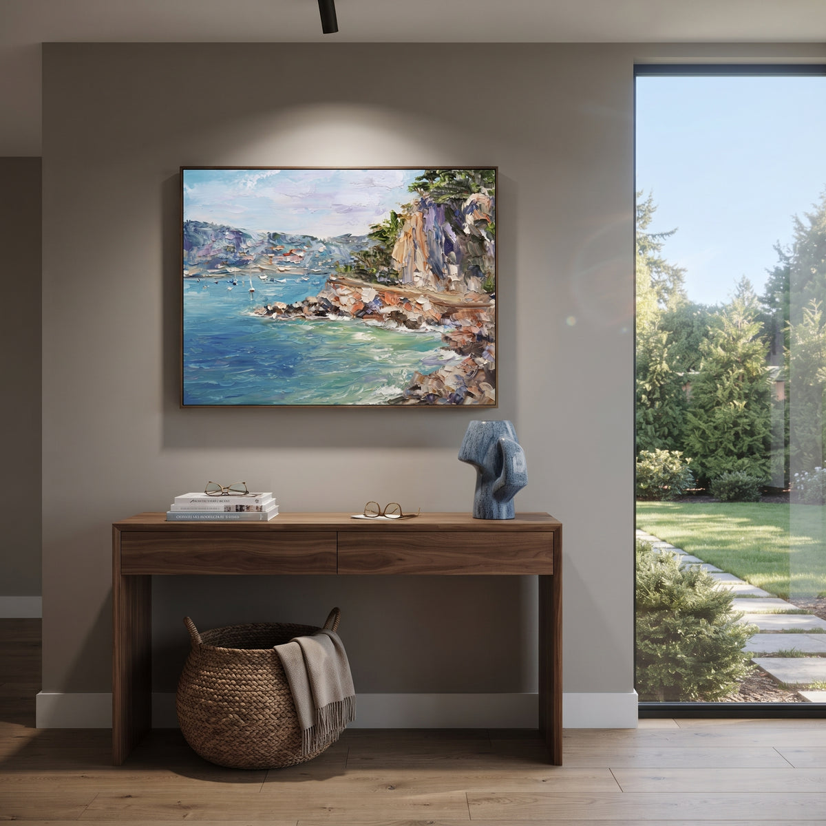 "Amalfi Cliff Coast Study Painting" focuses on atmosphere, surface movement, and sculptural heavy impasto craftsmanship rather than a fixed literal storyline. The composition uses this hand-painted Mediterranean canvas features steep coastal cliffs, hillside village, deep blue water, floral foreground, textured sky, built with raised palette-knife texture, layered brushwork, and luminous coastal color as the visual anchor, while layered palette-knife paint, raised plaster-like texture, and