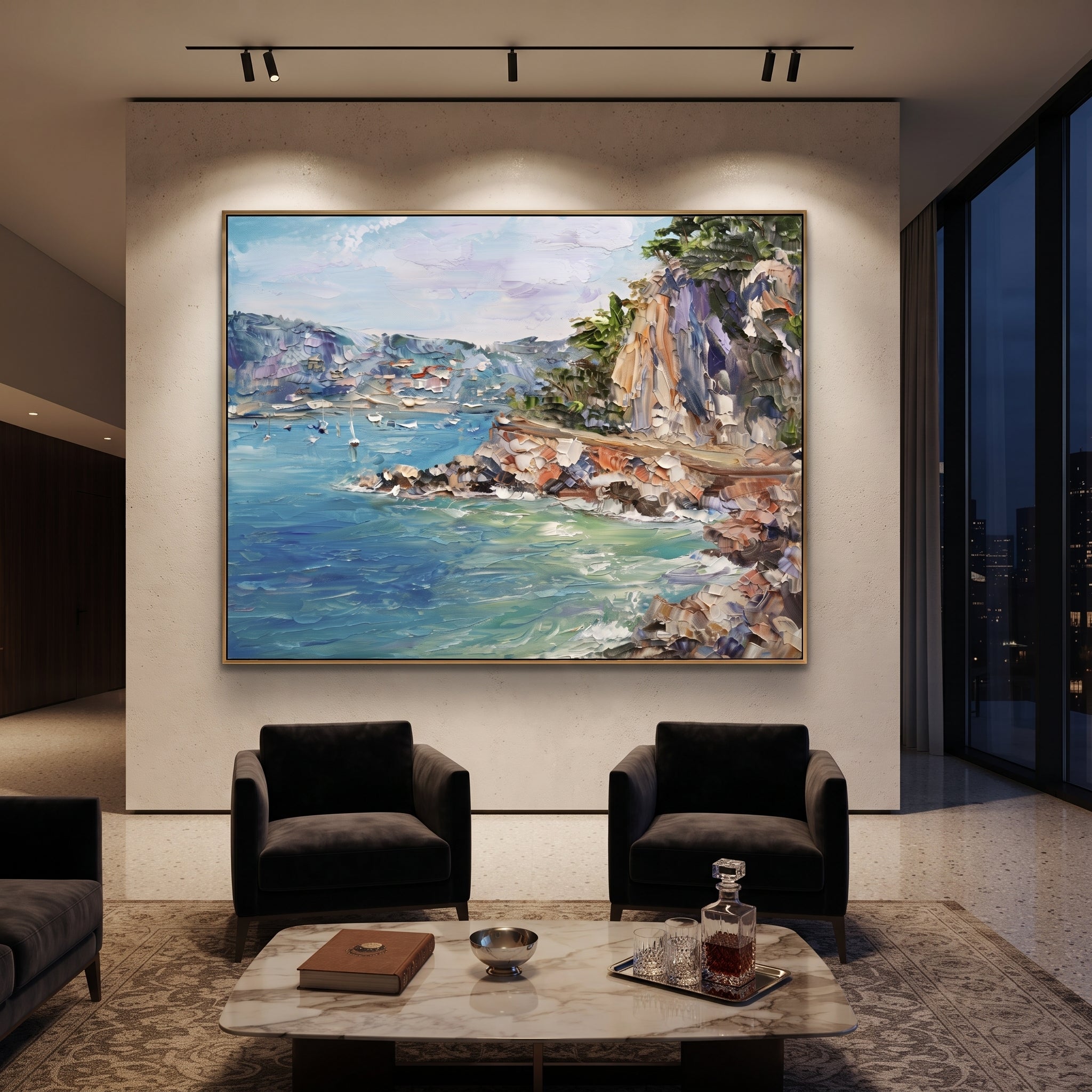 "Amalfi Cliff Coast Study Painting" focuses on atmosphere, surface movement, and sculptural heavy impasto craftsmanship rather than a fixed literal storyline. The composition uses this hand-painted Mediterranean canvas features steep coastal cliffs, hillside village, deep blue water, floral foreground, textured sky, built with raised palette-knife texture, layered brushwork, and luminous coastal color as the visual anchor, while layered palette-knife paint, raised plaster-like texture, and
