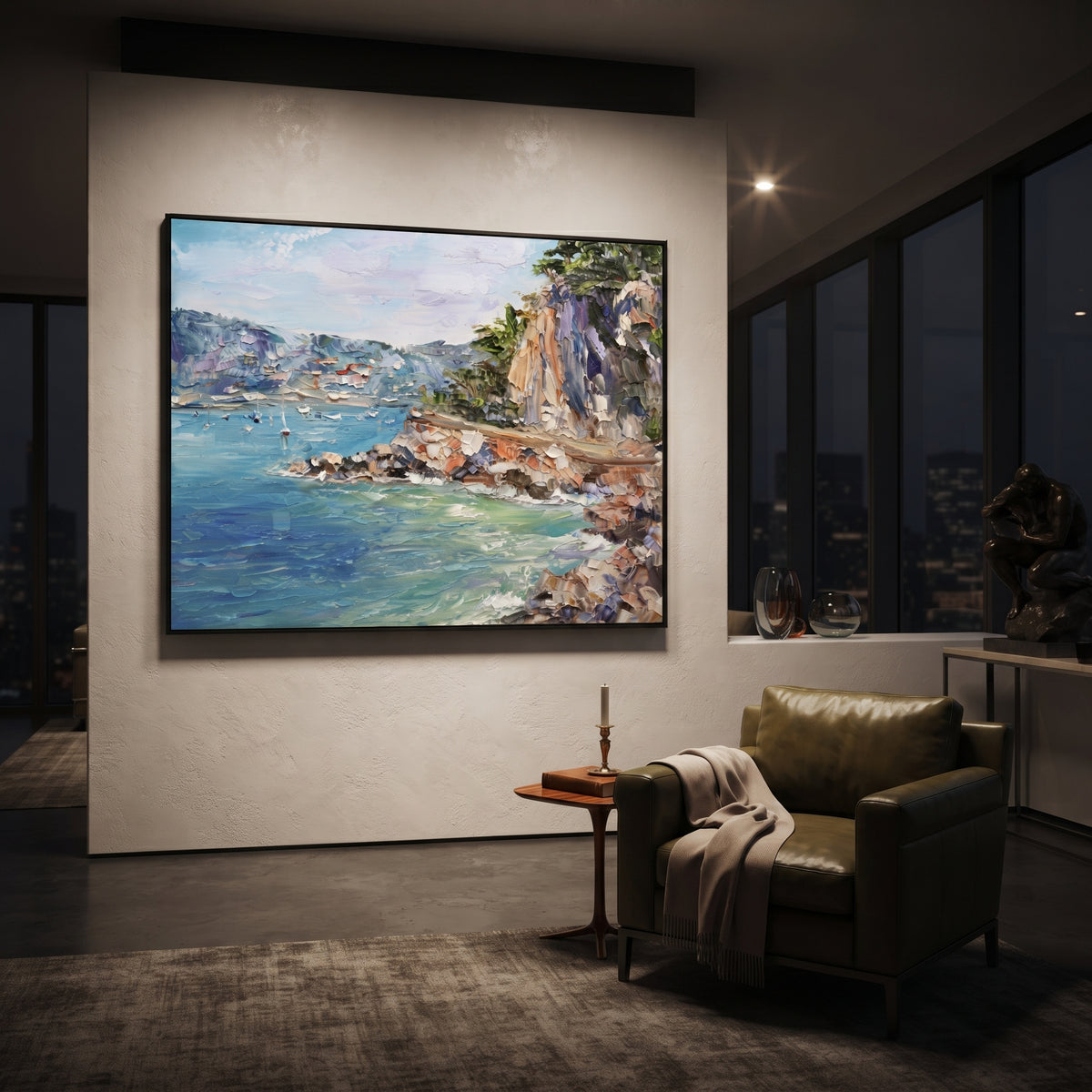 "Amalfi Cliff Coast Study Painting" focuses on atmosphere, surface movement, and sculptural heavy impasto craftsmanship rather than a fixed literal storyline. The composition uses this hand-painted Mediterranean canvas features steep coastal cliffs, hillside village, deep blue water, floral foreground, textured sky, built with raised palette-knife texture, layered brushwork, and luminous coastal color as the visual anchor, while layered palette-knife paint, raised plaster-like texture, and