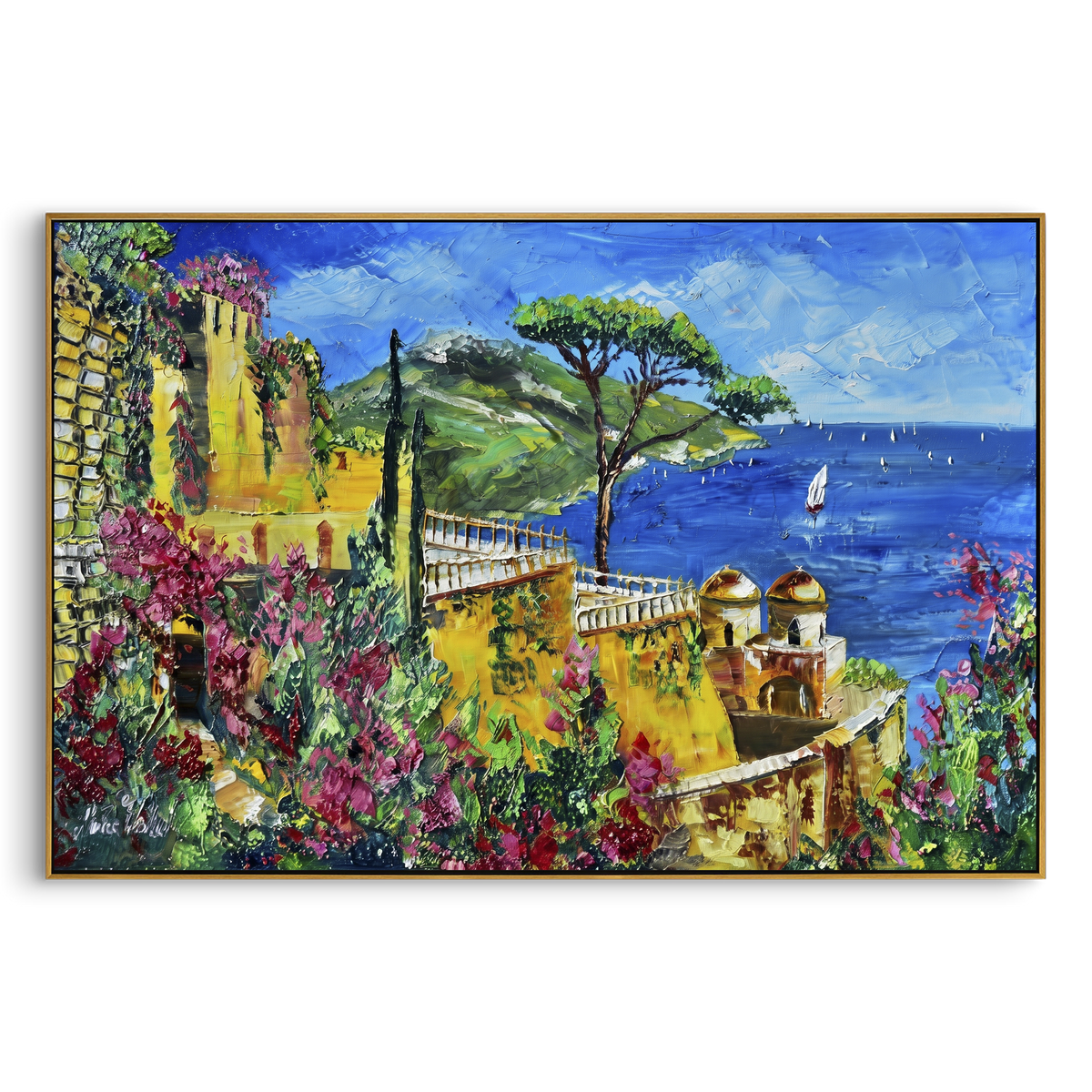 "Sailing Coast Garden Coastal with Sailboats Painting" - Modern Heavy Impasto Coastal Landscape | Blue & Pink Palette Knife Painting | Luxury Horizontal Wall Art #PT 1634