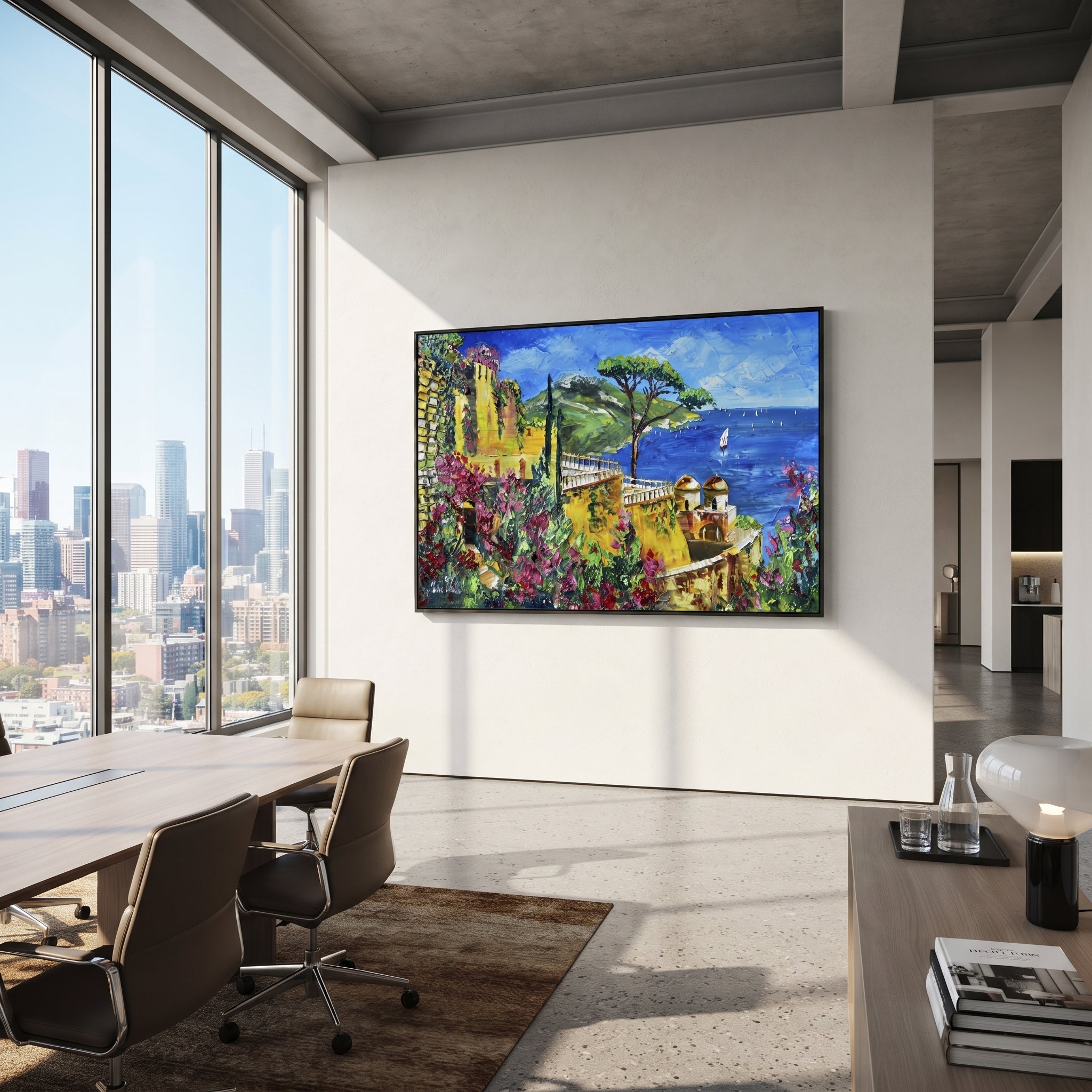 "Sailing Coast Garden Coastal with Sailboats Painting" focuses on atmosphere, surface movement, and sculptural heavy impasto craftsmanship rather than a fixed literal storyline. The composition uses this hand-painted Mediterranean canvas features sailboats on a blue bay, flowering terrace, coastal town and luminous summer sky, built with raised palette-knife texture, layered brushwork, and luminous coastal color as the visual anchor, while layered palette-knife paint, raised plaster-like