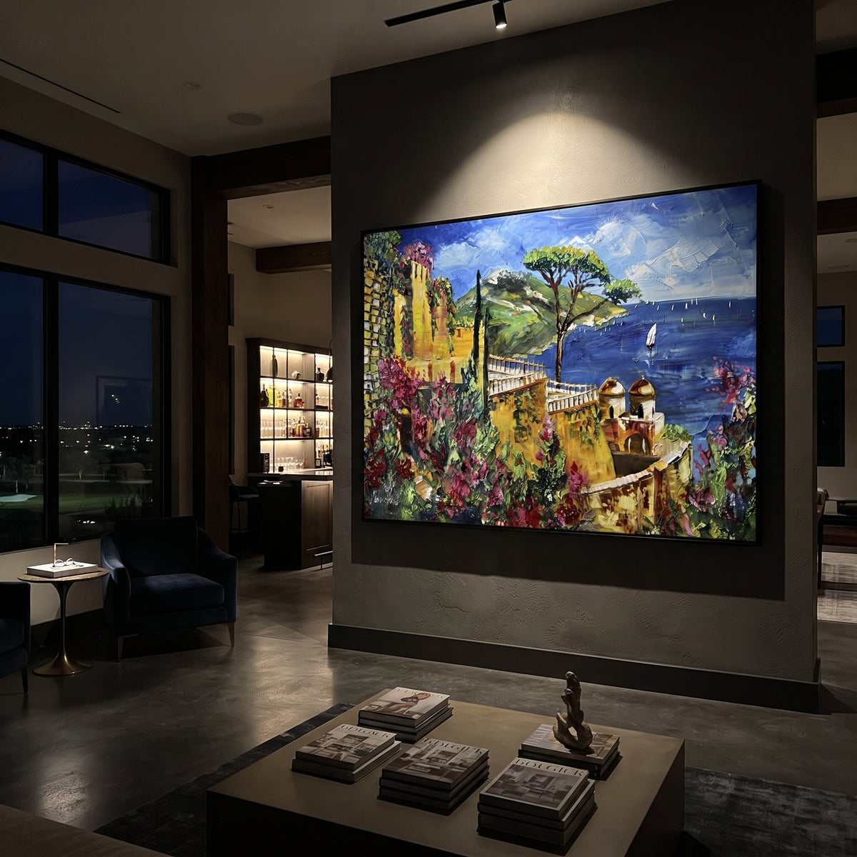 "Sailing Coast Garden Coastal with Sailboats Painting" focuses on atmosphere, surface movement, and sculptural heavy impasto craftsmanship rather than a fixed literal storyline. The composition uses this hand-painted Mediterranean canvas features sailboats on a blue bay, flowering terrace, coastal town and luminous summer sky, built with raised palette-knife texture, layered brushwork, and luminous coastal color as the visual anchor, while layered palette-knife paint, raised plaster-like