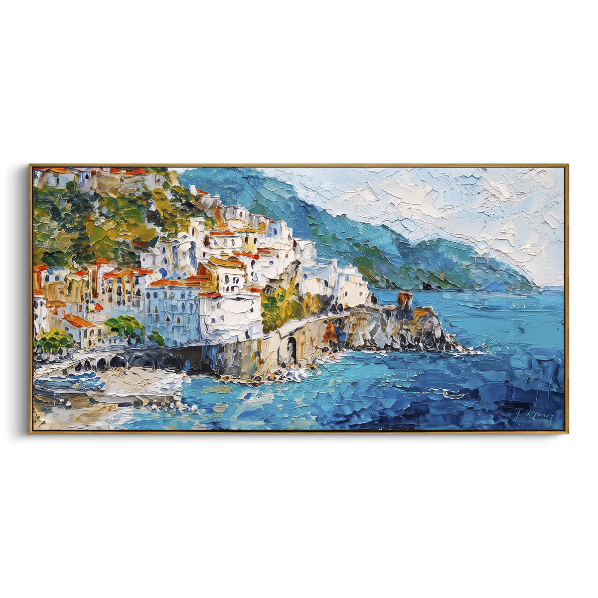 "Bright Coastal Town Painting" - Modern Heavy Impasto Coastal Landscape | Blue & Orange Palette Knife Painting | Luxury Horizontal Wall Art #PT 1635