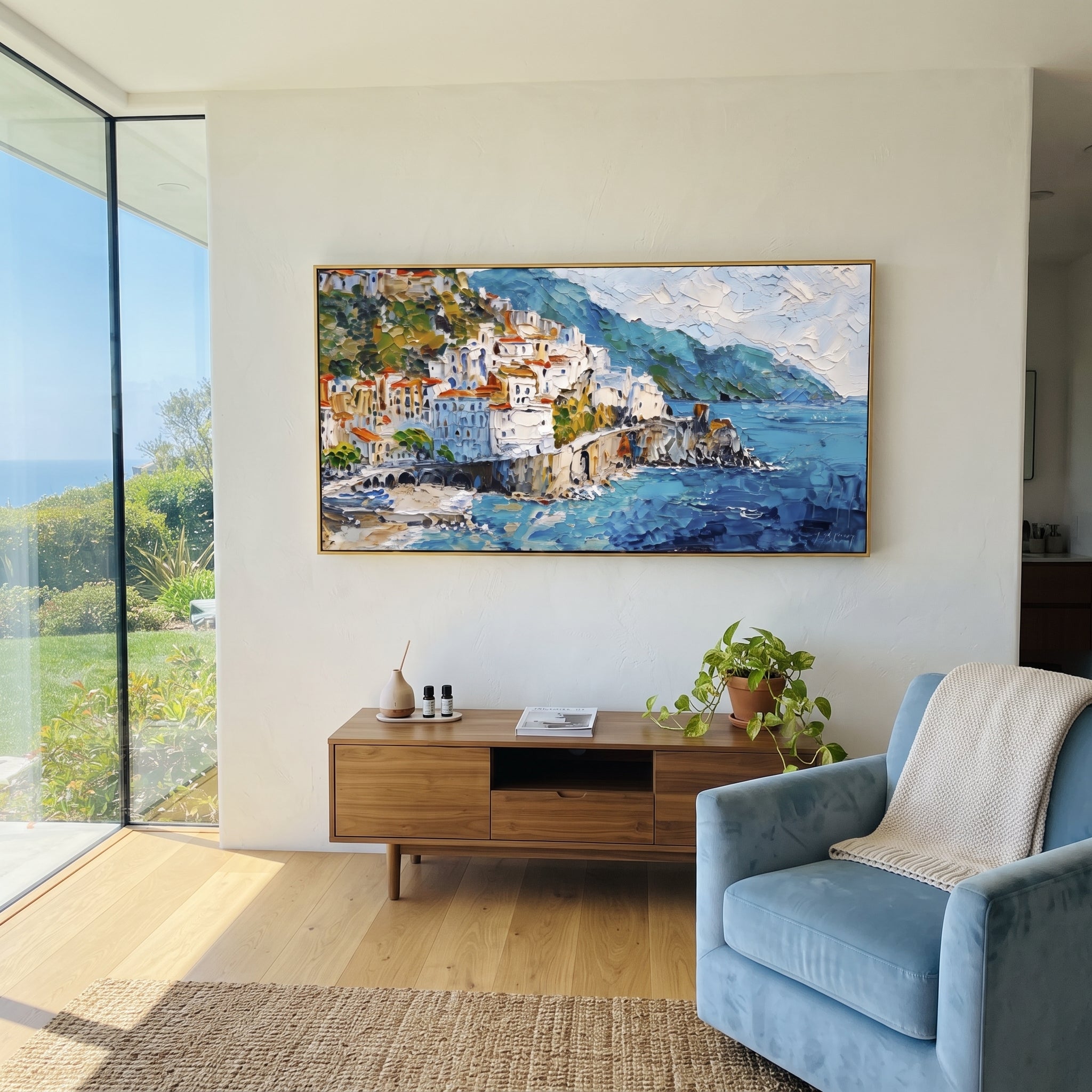 "Bright Coastal Town Painting" focuses on atmosphere, surface movement, and sculptural heavy impasto craftsmanship rather than a fixed literal storyline. The composition uses this hand-painted Mediterranean canvas features stacked pastel buildings on seaside cliffs, boats below, bright impasto coastal color, built with raised palette-knife texture, layered brushwork, and luminous coastal color as the visual anchor, while layered palette-knife paint, raised plaster-like texture, and softened
