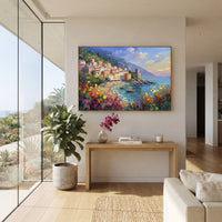 "Sailing Coast Garden Coastal with White Steps Painting" focuses on atmosphere, surface movement, and sculptural heavy impasto craftsmanship rather than a fixed literal storyline. The composition uses this hand-painted Mediterranean canvas features sailboats on a blue bay, flowering terrace, coastal town and luminous summer sky, built with raised palette-knife texture, layered brushwork, and luminous coastal color as the visual anchor, while layered palette-knife paint, raised plaster-like