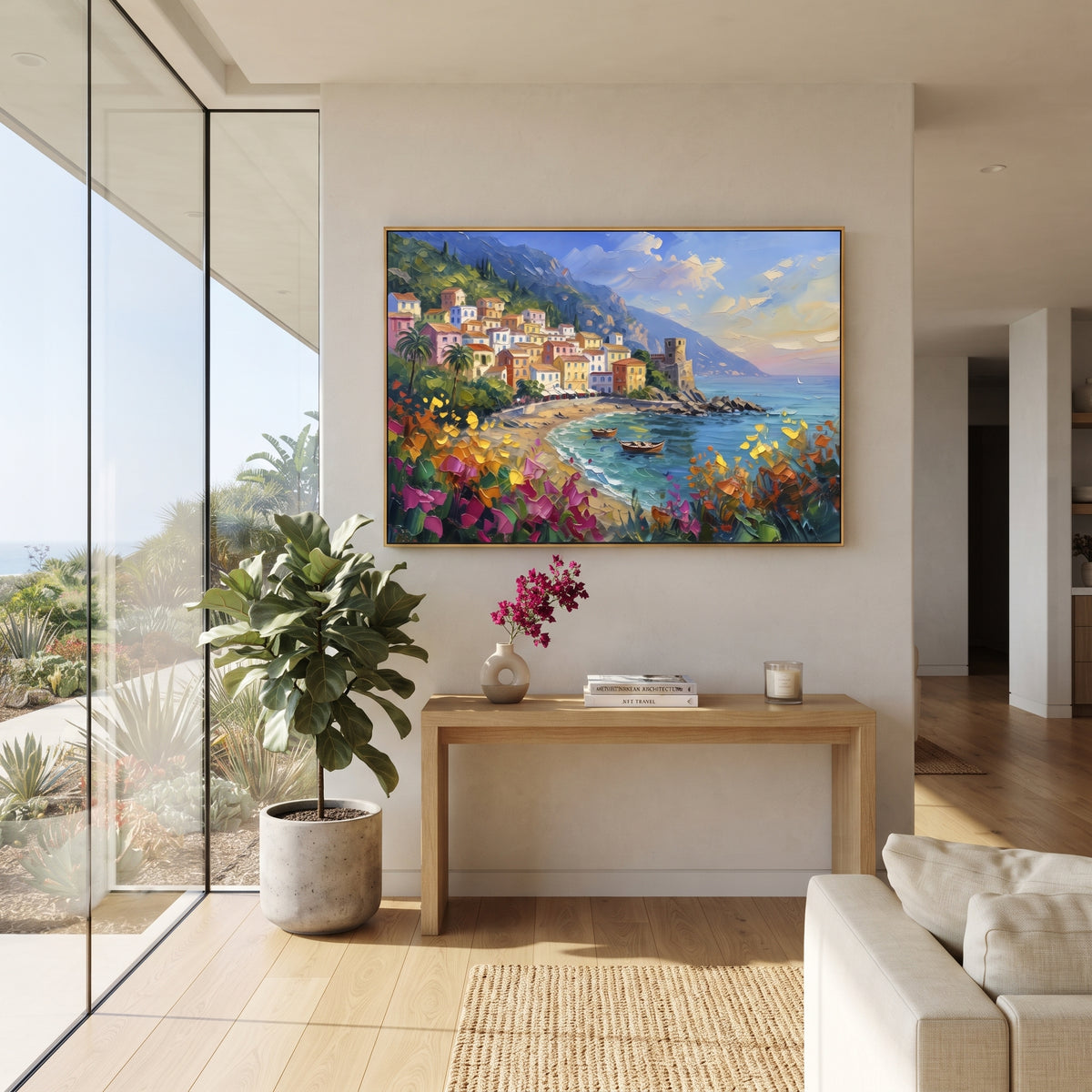 "Sailing Coast Garden Coastal with White Steps Painting" focuses on atmosphere, surface movement, and sculptural heavy impasto craftsmanship rather than a fixed literal storyline. The composition uses this hand-painted Mediterranean canvas features sailboats on a blue bay, flowering terrace, coastal town and luminous summer sky, built with raised palette-knife texture, layered brushwork, and luminous coastal color as the visual anchor, while layered palette-knife paint, raised plaster-like