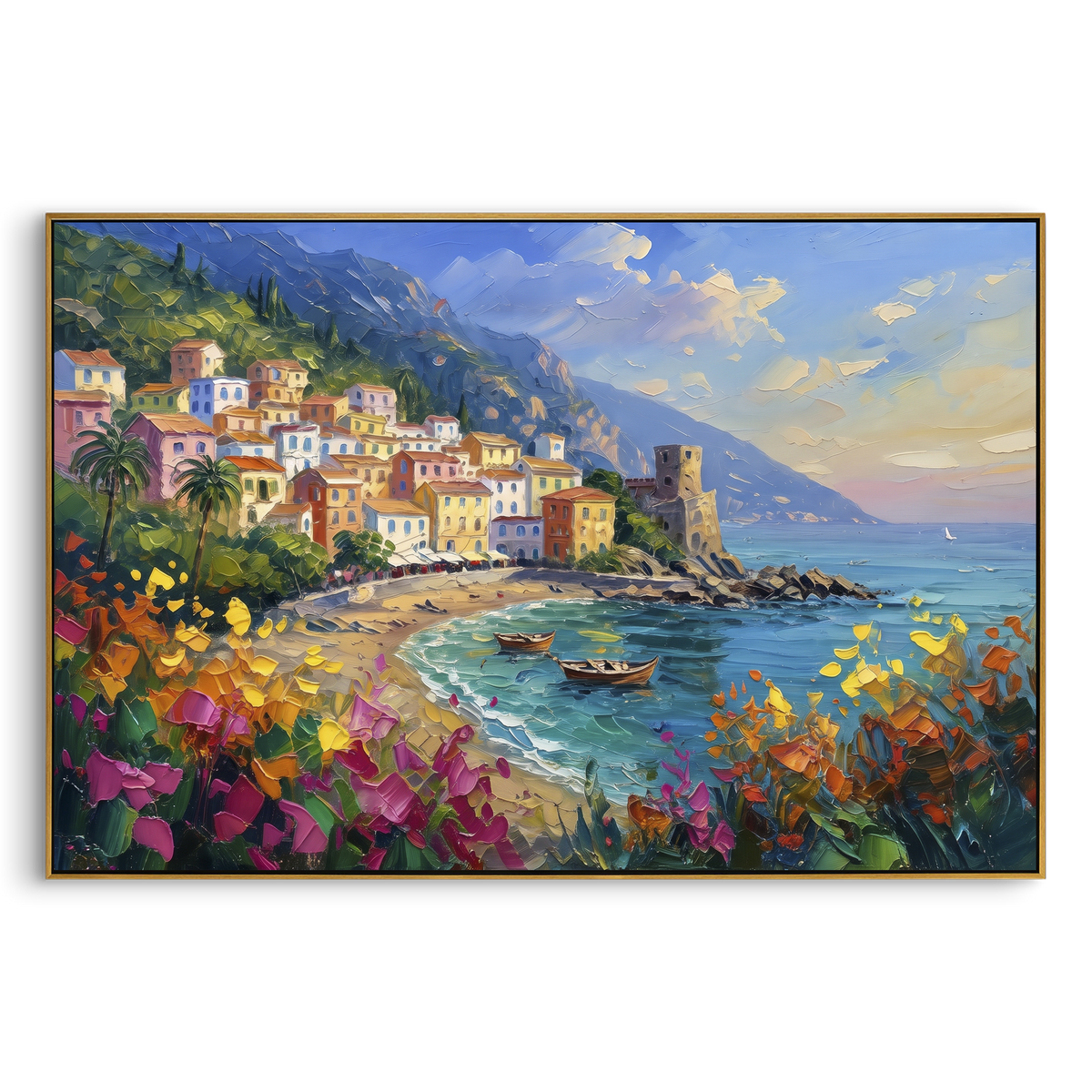 "Sailing Coast Garden Coastal with White Steps Painting" - Modern Heavy Impasto Coastal Landscape | Blue & Pink Palette Knife Painting | Luxury Horizontal Wall Art #PT 1636