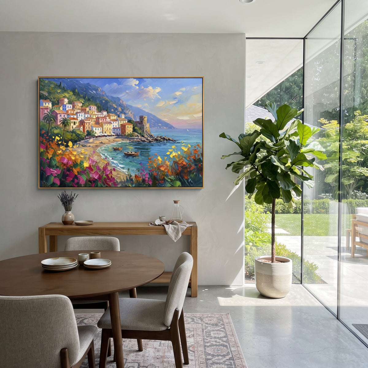 "Sailing Coast Garden Coastal with White Steps Painting" focuses on atmosphere, surface movement, and sculptural heavy impasto craftsmanship rather than a fixed literal storyline. The composition uses this hand-painted Mediterranean canvas features sailboats on a blue bay, flowering terrace, coastal town and luminous summer sky, built with raised palette-knife texture, layered brushwork, and luminous coastal color as the visual anchor, while layered palette-knife paint, raised plaster-like