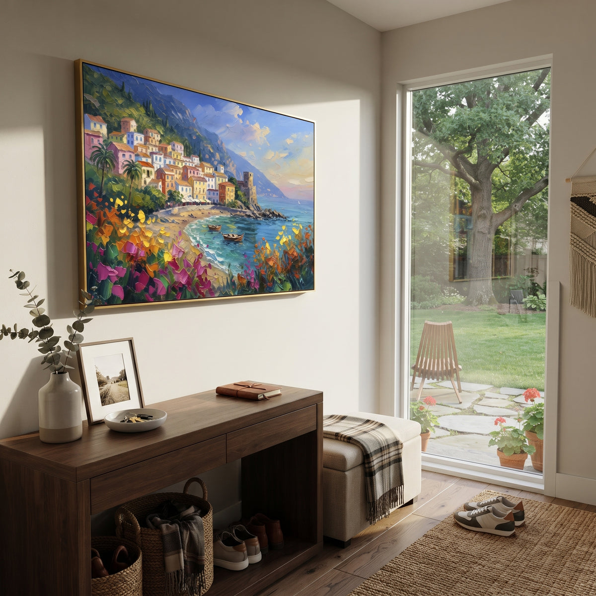 "Sailing Coast Garden Coastal with White Steps Painting" focuses on atmosphere, surface movement, and sculptural heavy impasto craftsmanship rather than a fixed literal storyline. The composition uses this hand-painted Mediterranean canvas features sailboats on a blue bay, flowering terrace, coastal town and luminous summer sky, built with raised palette-knife texture, layered brushwork, and luminous coastal color as the visual anchor, while layered palette-knife paint, raised plaster-like