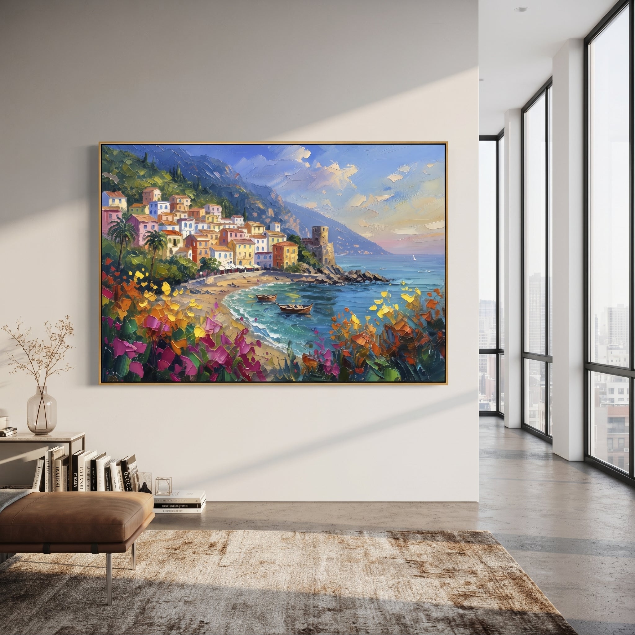 "Sailing Coast Garden Coastal with White Steps Painting" focuses on atmosphere, surface movement, and sculptural heavy impasto craftsmanship rather than a fixed literal storyline. The composition uses this hand-painted Mediterranean canvas features sailboats on a blue bay, flowering terrace, coastal town and luminous summer sky, built with raised palette-knife texture, layered brushwork, and luminous coastal color as the visual anchor, while layered palette-knife paint, raised plaster-like