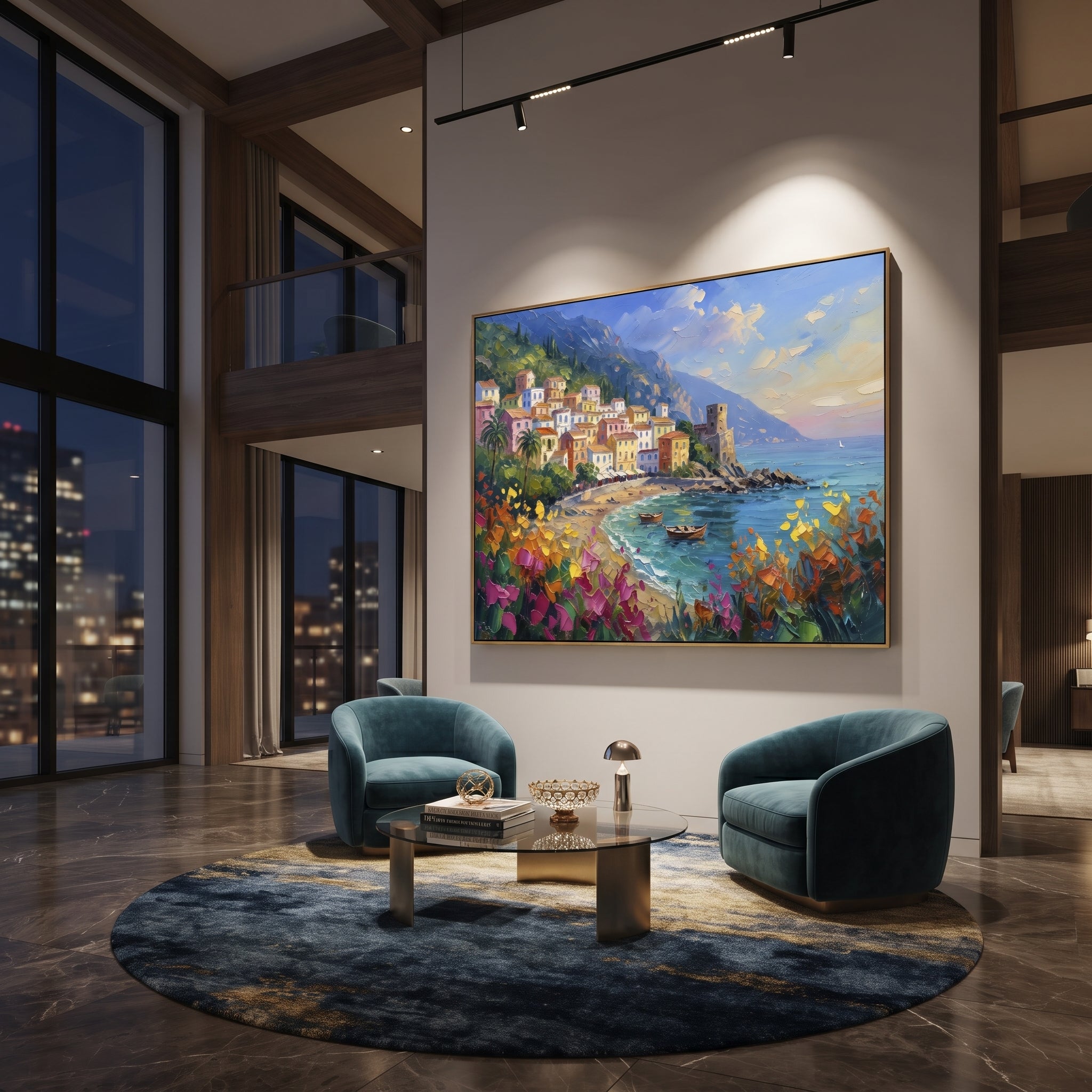 "Sailing Coast Garden Coastal with White Steps Painting" focuses on atmosphere, surface movement, and sculptural heavy impasto craftsmanship rather than a fixed literal storyline. The composition uses this hand-painted Mediterranean canvas features sailboats on a blue bay, flowering terrace, coastal town and luminous summer sky, built with raised palette-knife texture, layered brushwork, and luminous coastal color as the visual anchor, while layered palette-knife paint, raised plaster-like