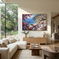 "Blue Cliffside Bay Study Painting" focuses on atmosphere, surface movement, and sculptural heavy impasto craftsmanship rather than a fixed literal storyline. The composition uses this hand-painted Mediterranean canvas features steep coastal cliffs, hillside village, deep blue water, floral foreground, textured sky, built with raised palette-knife texture, layered brushwork, and luminous coastal color as the visual anchor, while layered palette-knife paint, raised plaster-like texture, and