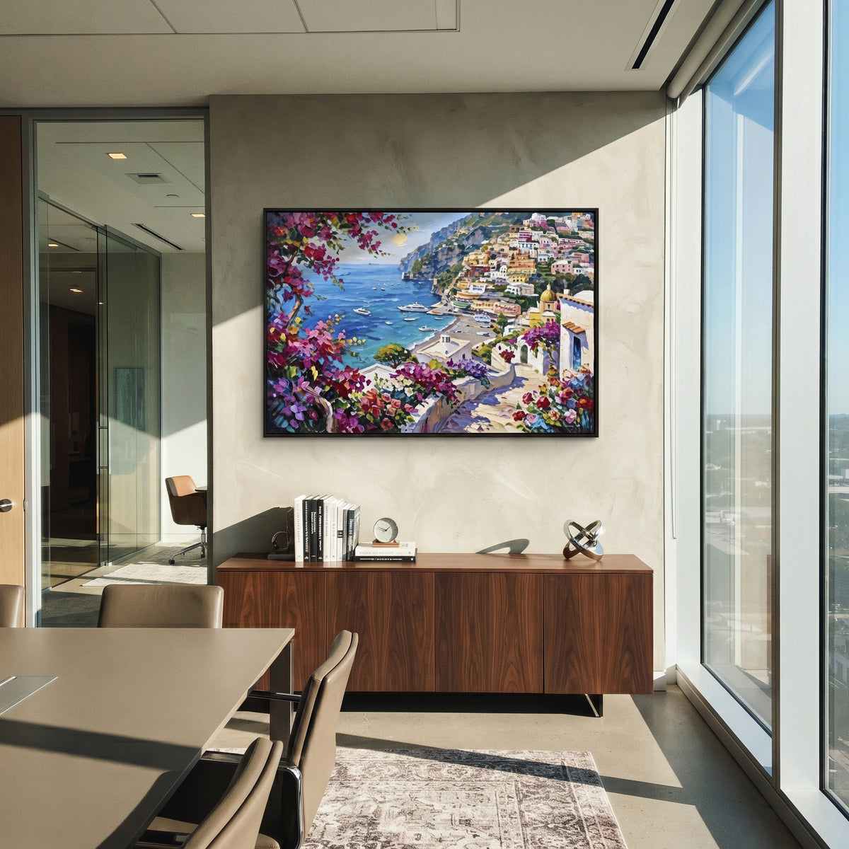 "Blue Cliffside Bay Study Painting" focuses on atmosphere, surface movement, and sculptural heavy impasto craftsmanship rather than a fixed literal storyline. The composition uses this hand-painted Mediterranean canvas features steep coastal cliffs, hillside village, deep blue water, floral foreground, textured sky, built with raised palette-knife texture, layered brushwork, and luminous coastal color as the visual anchor, while layered palette-knife paint, raised plaster-like texture, and