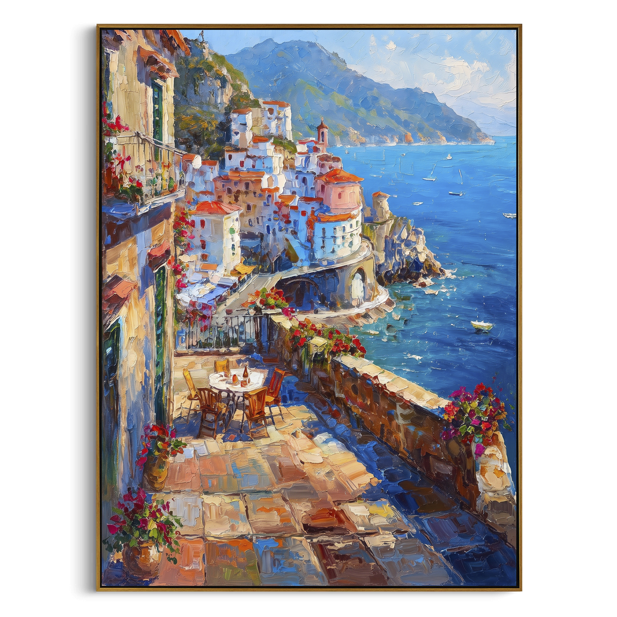 "Terracotta Village Lane Painting" - Modern Heavy Impasto Coastal Landscape | White & Blue Palette Knife Painting | Luxury Vertical Wall Art #PT 1638