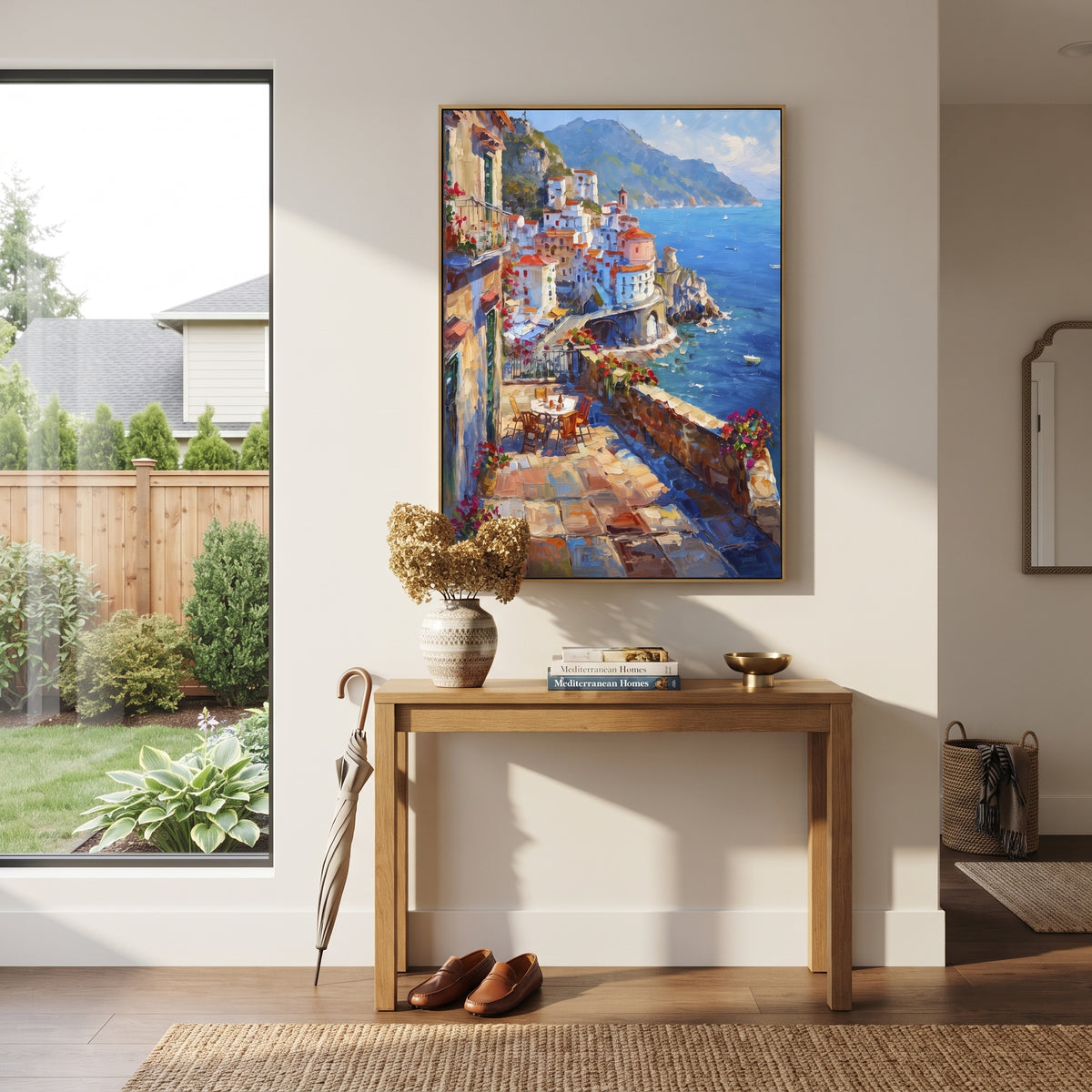 "Terracotta Village Lane Painting" focuses on atmosphere, surface movement, and sculptural heavy impasto craftsmanship rather than a fixed literal storyline. The composition uses this hand-painted Mediterranean canvas features white Mediterranean alley, terracotta roofs, potted flowers, distant sea and mountain light, built with raised palette-knife texture, layered brushwork, and luminous coastal color as the visual anchor, while layered palette-knife paint, raised plaster-like texture, and
