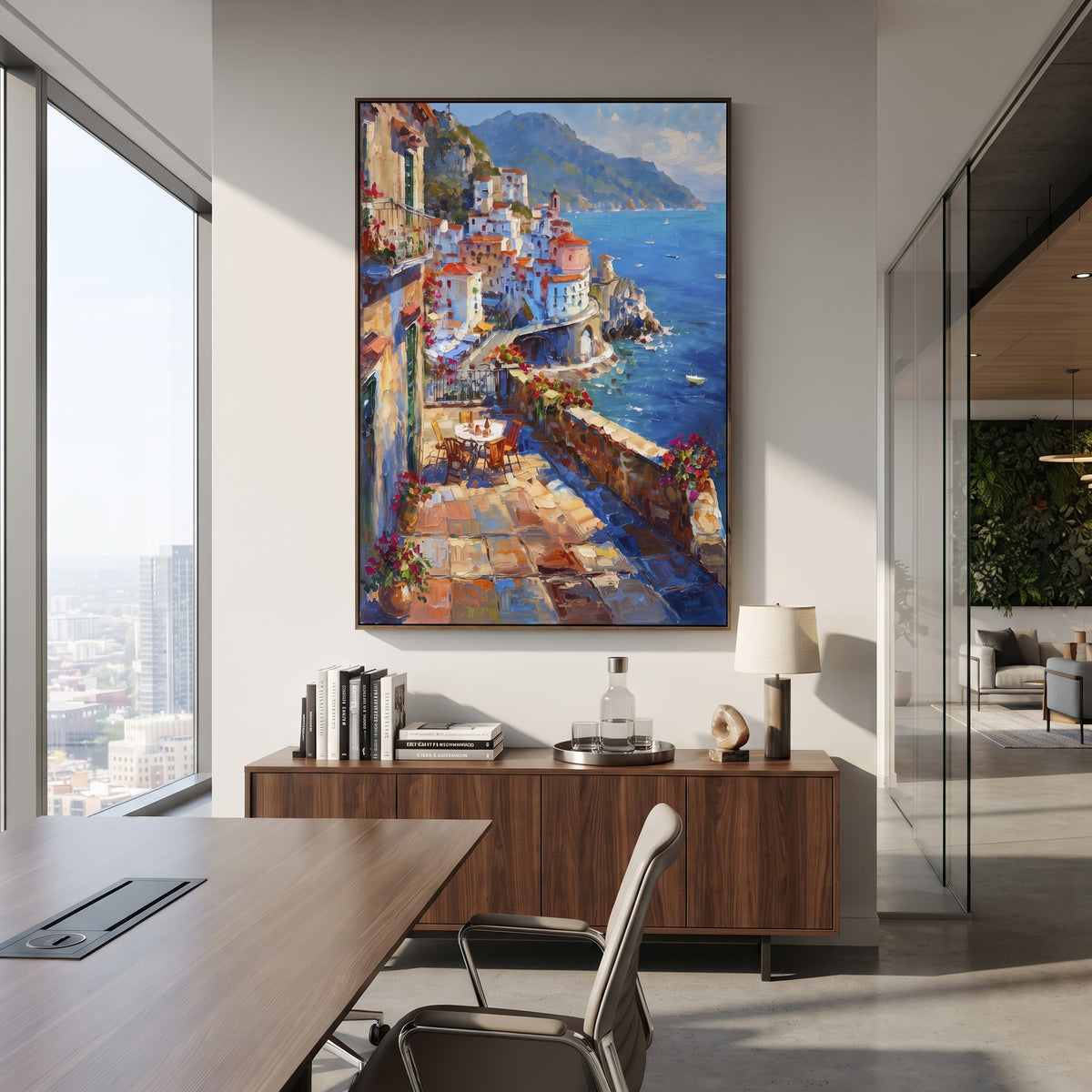 "Terracotta Village Lane Painting" focuses on atmosphere, surface movement, and sculptural heavy impasto craftsmanship rather than a fixed literal storyline. The composition uses this hand-painted Mediterranean canvas features white Mediterranean alley, terracotta roofs, potted flowers, distant sea and mountain light, built with raised palette-knife texture, layered brushwork, and luminous coastal color as the visual anchor, while layered palette-knife paint, raised plaster-like texture, and