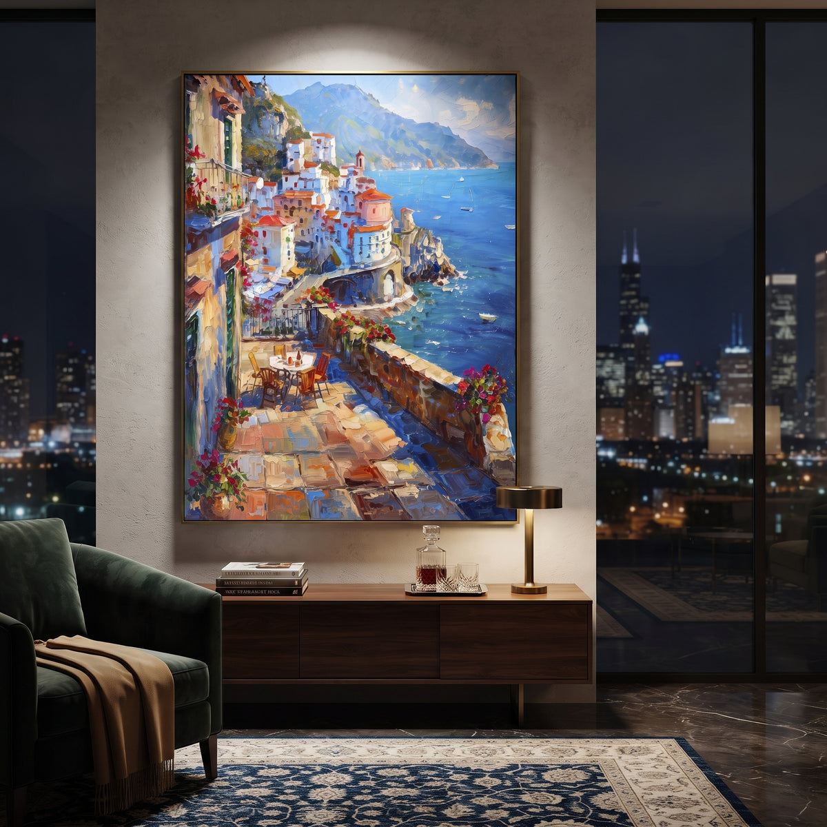 "Terracotta Village Lane Painting" focuses on atmosphere, surface movement, and sculptural heavy impasto craftsmanship rather than a fixed literal storyline. The composition uses this hand-painted Mediterranean canvas features white Mediterranean alley, terracotta roofs, potted flowers, distant sea and mountain light, built with raised palette-knife texture, layered brushwork, and luminous coastal color as the visual anchor, while layered palette-knife paint, raised plaster-like texture, and