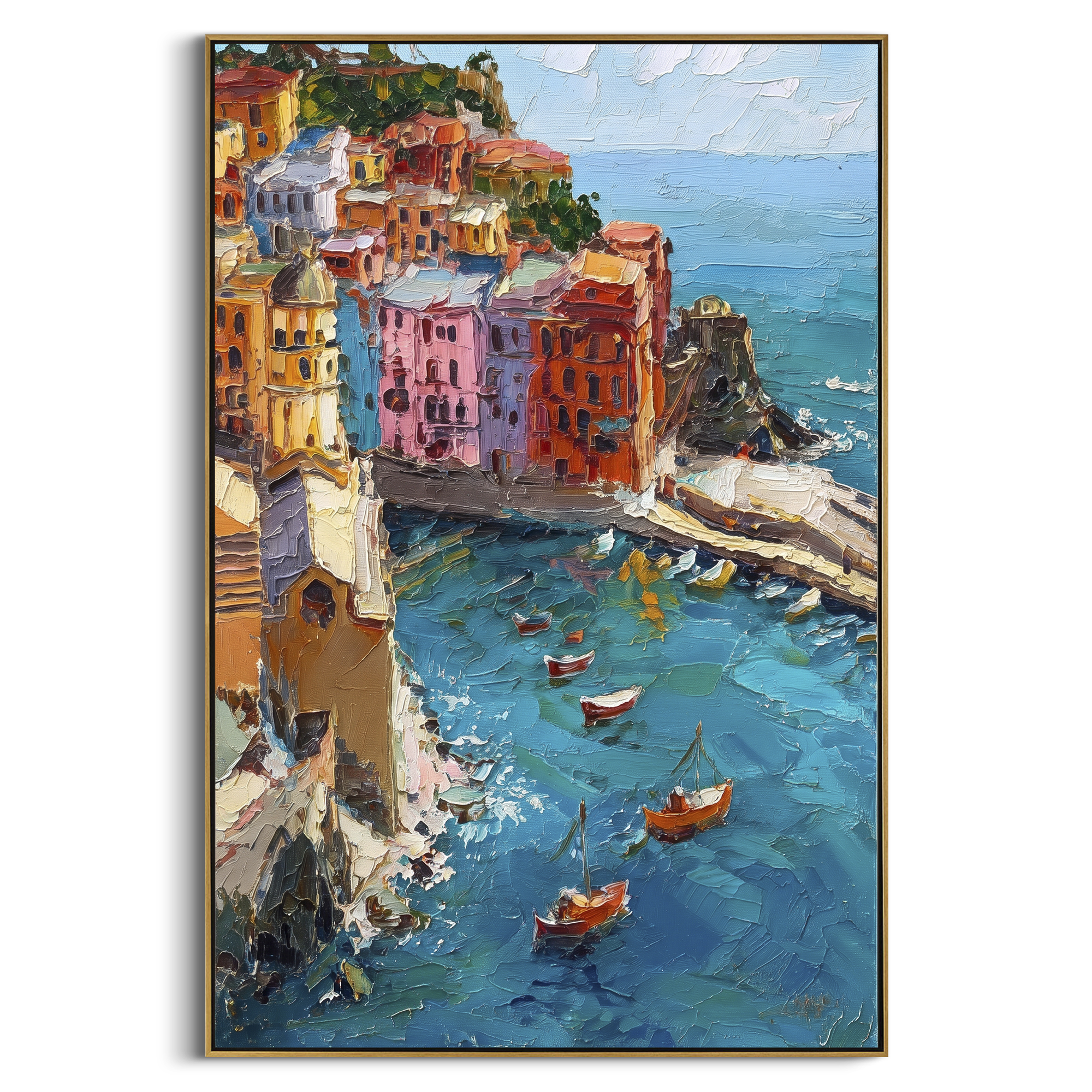 "Sailing Coast Garden Coastal with Bougainvillea Painting" focuses on atmosphere, surface movement, and sculptural heavy impasto craftsmanship rather than a fixed literal storyline. The composition uses this hand-painted Mediterranean canvas features sailboats on a blue bay, flowering terrace, coastal town and luminous summer sky, built with raised palette-knife texture, layered brushwork, and luminous coastal color as the visual anchor, while layered palette-knife paint, raised plaster-like