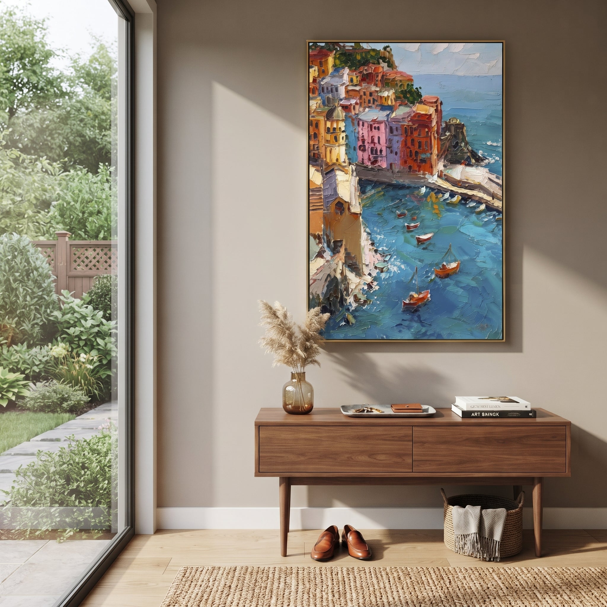 "Sailing Coast Garden Coastal with Bougainvillea Painting" focuses on atmosphere, surface movement, and sculptural heavy impasto craftsmanship rather than a fixed literal storyline. The composition uses this hand-painted Mediterranean canvas features sailboats on a blue bay, flowering terrace, coastal town and luminous summer sky, built with raised palette-knife texture, layered brushwork, and luminous coastal color as the visual anchor, while layered palette-knife paint, raised plaster-like