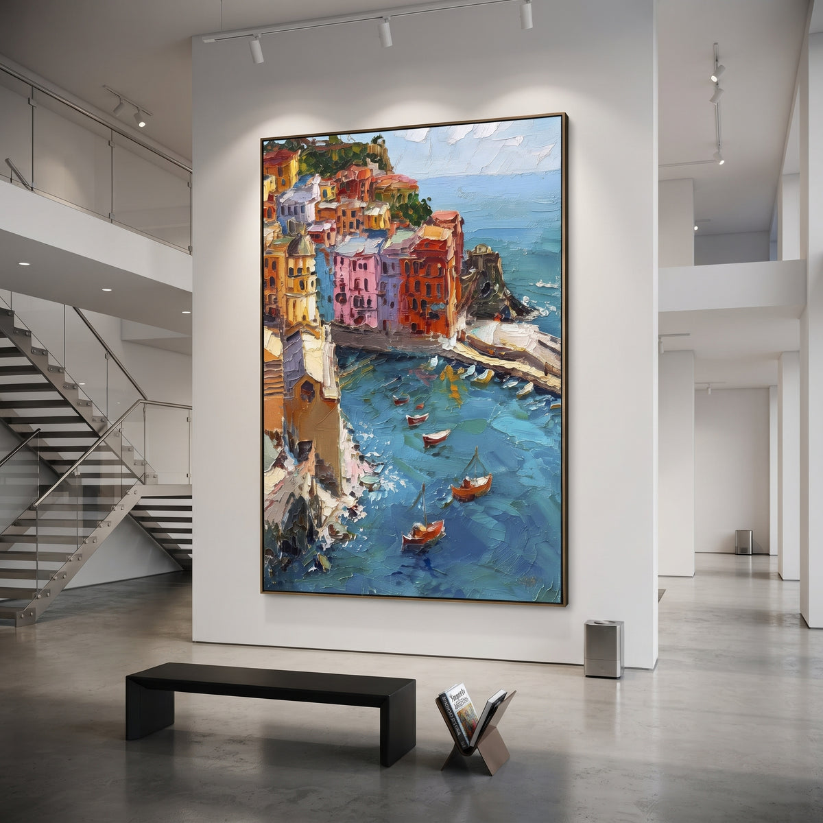 "Sailing Coast Garden Coastal with Bougainvillea Painting" focuses on atmosphere, surface movement, and sculptural heavy impasto craftsmanship rather than a fixed literal storyline. The composition uses this hand-painted Mediterranean canvas features sailboats on a blue bay, flowering terrace, coastal town and luminous summer sky, built with raised palette-knife texture, layered brushwork, and luminous coastal color as the visual anchor, while layered palette-knife paint, raised plaster-like