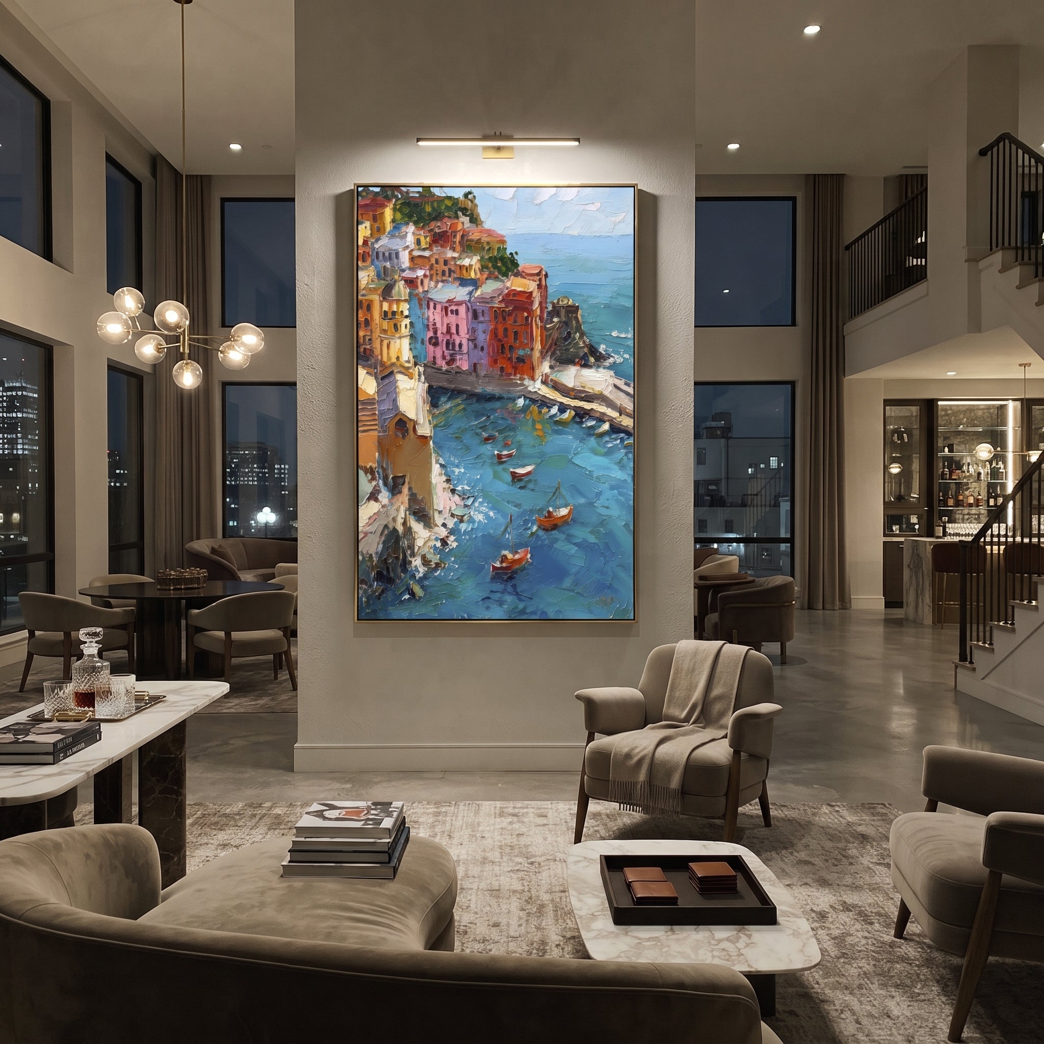 "Sailing Coast Garden Coastal with Bougainvillea Painting" focuses on atmosphere, surface movement, and sculptural heavy impasto craftsmanship rather than a fixed literal storyline. The composition uses this hand-painted Mediterranean canvas features sailboats on a blue bay, flowering terrace, coastal town and luminous summer sky, built with raised palette-knife texture, layered brushwork, and luminous coastal color as the visual anchor, while layered palette-knife paint, raised plaster-like
