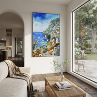 "Mountain Coast Harbor Painting" focuses on atmosphere, surface movement, and sculptural heavy impasto craftsmanship rather than a fixed literal storyline. The composition uses this hand-painted Mediterranean canvas features coastal mountains, small village rooftops, winding shore, blue bay and garden accents, built with raised palette-knife texture, layered brushwork, and luminous coastal color as the visual anchor, while layered palette-knife paint, raised plaster-like texture, and softened