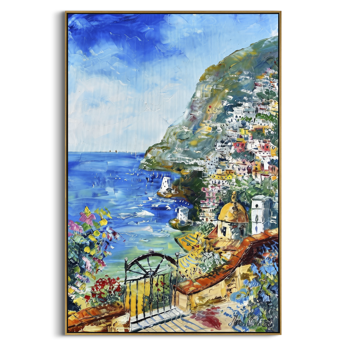 "Mountain Coast Harbor Painting" - Modern Heavy Impasto Coastal Landscape | Blue & Green Palette Knife Painting | Luxury Vertical Wall Art #PT 1640